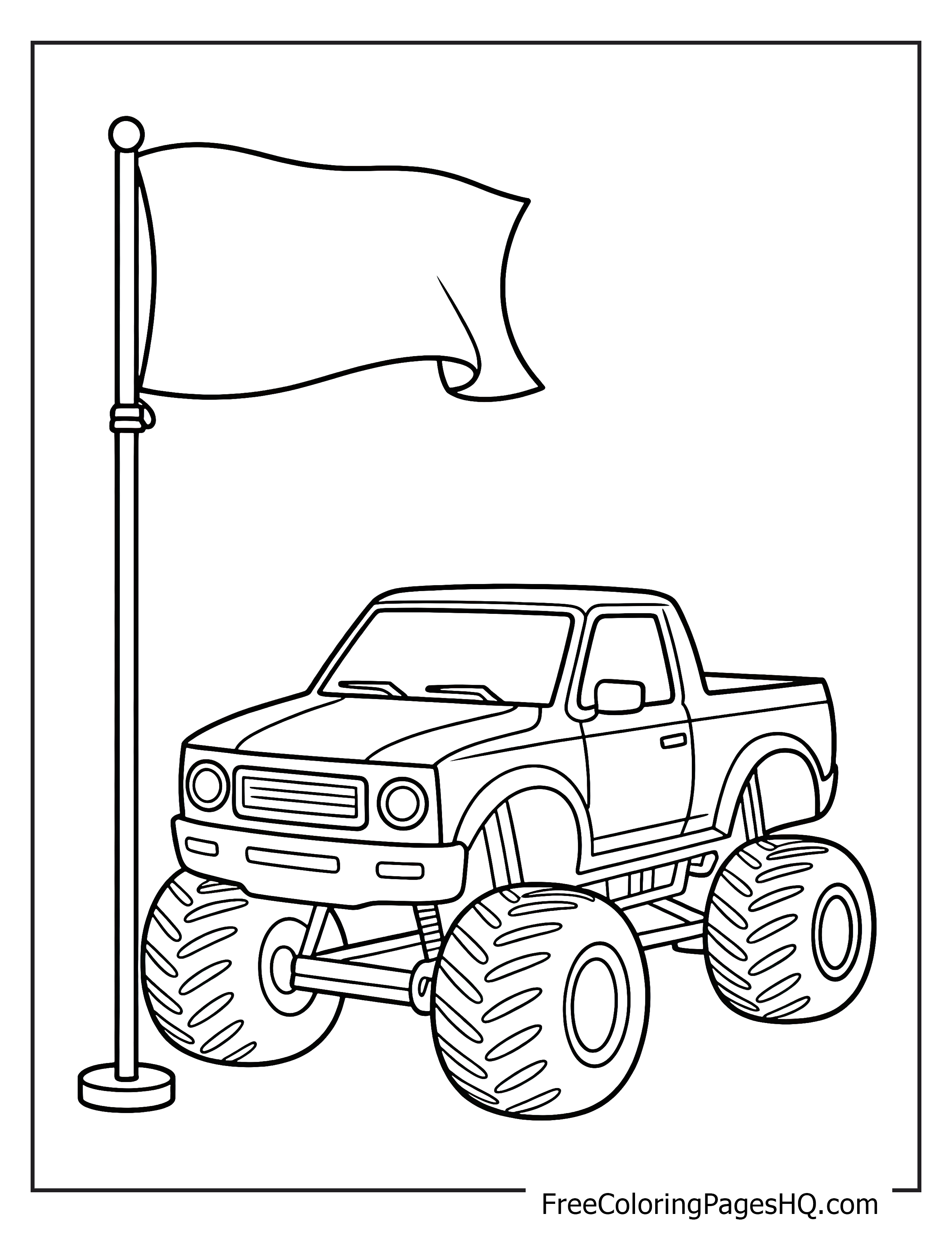 Monster truck next to a waving flag illustration.