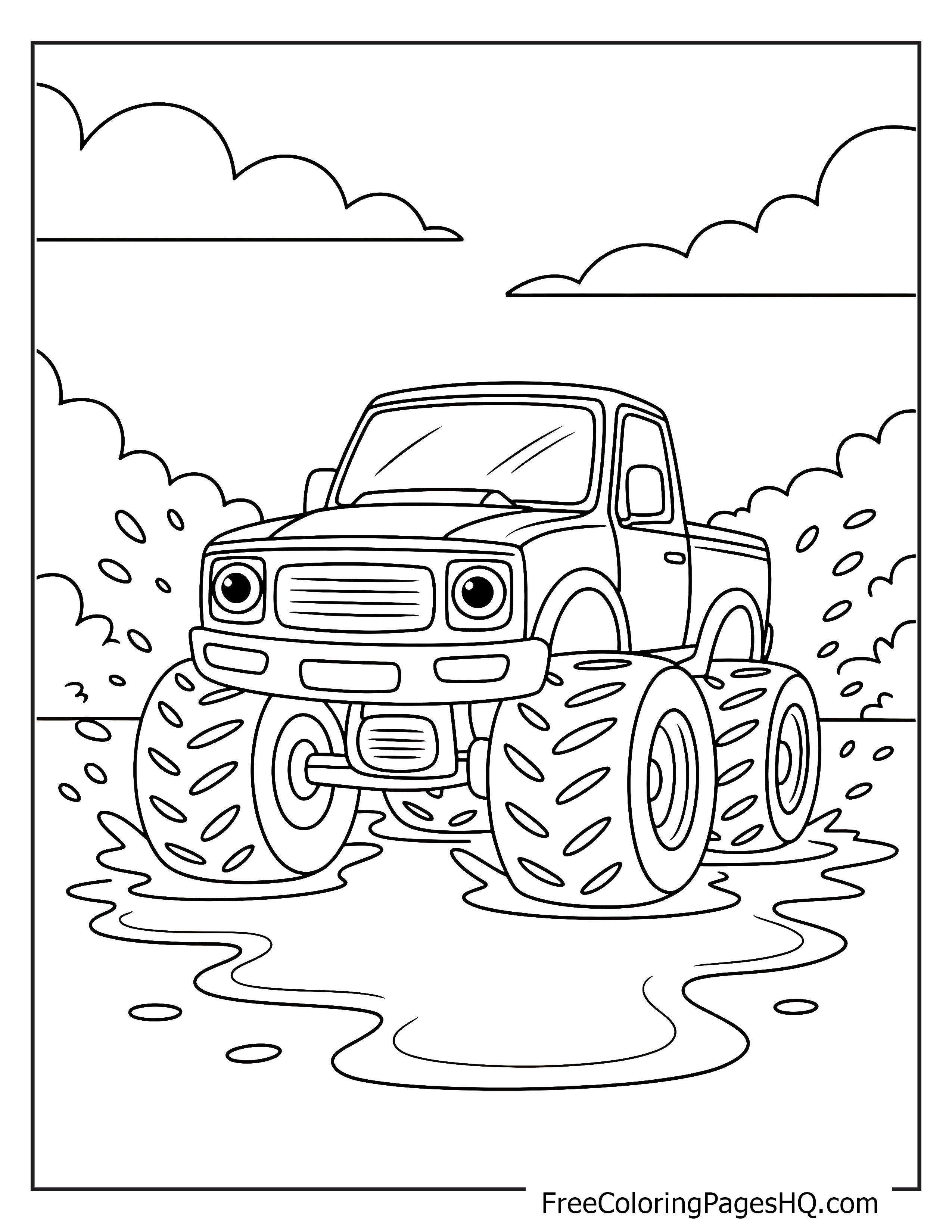 Monster truck driving through a puddle on a cloudy day.