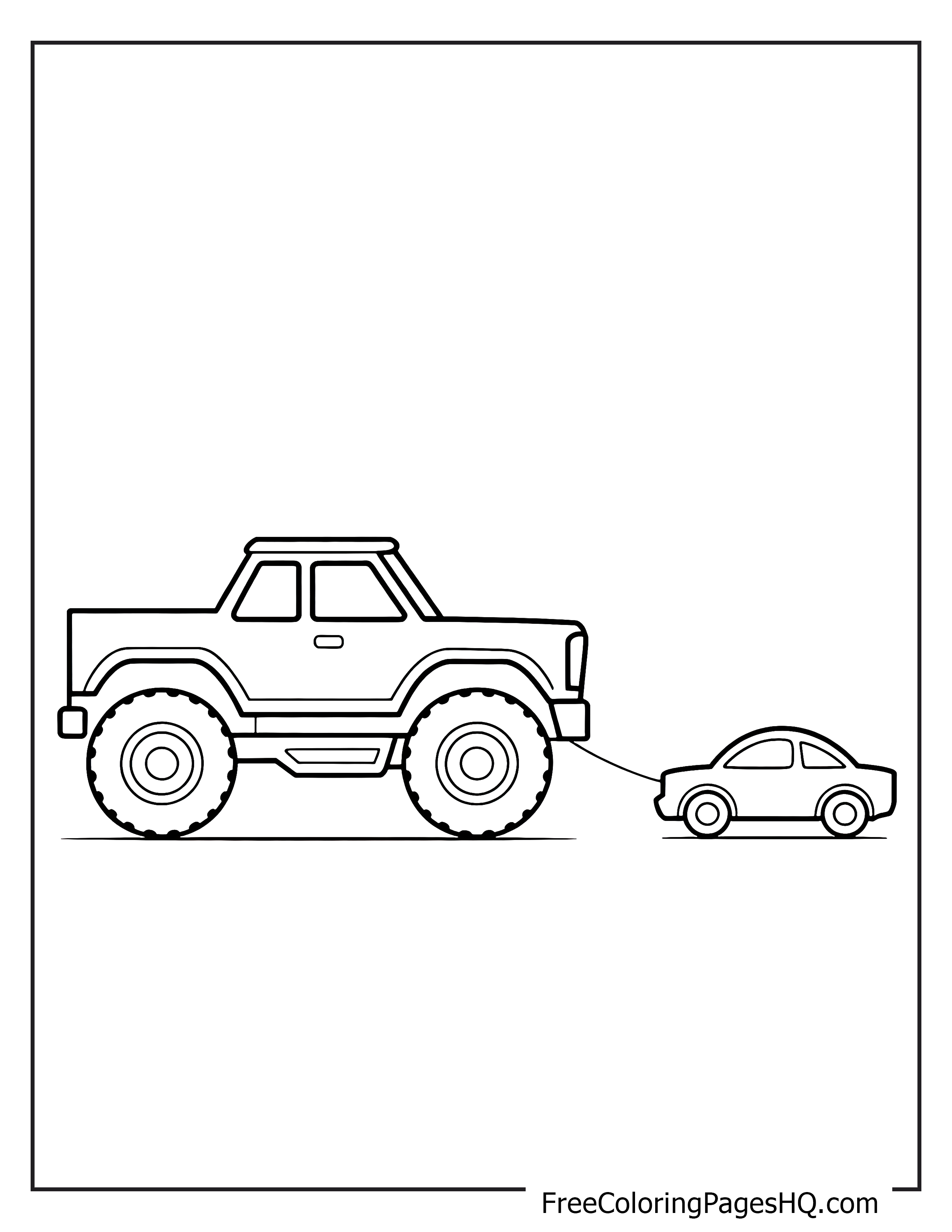 Monster truck towing a smaller car illustration.