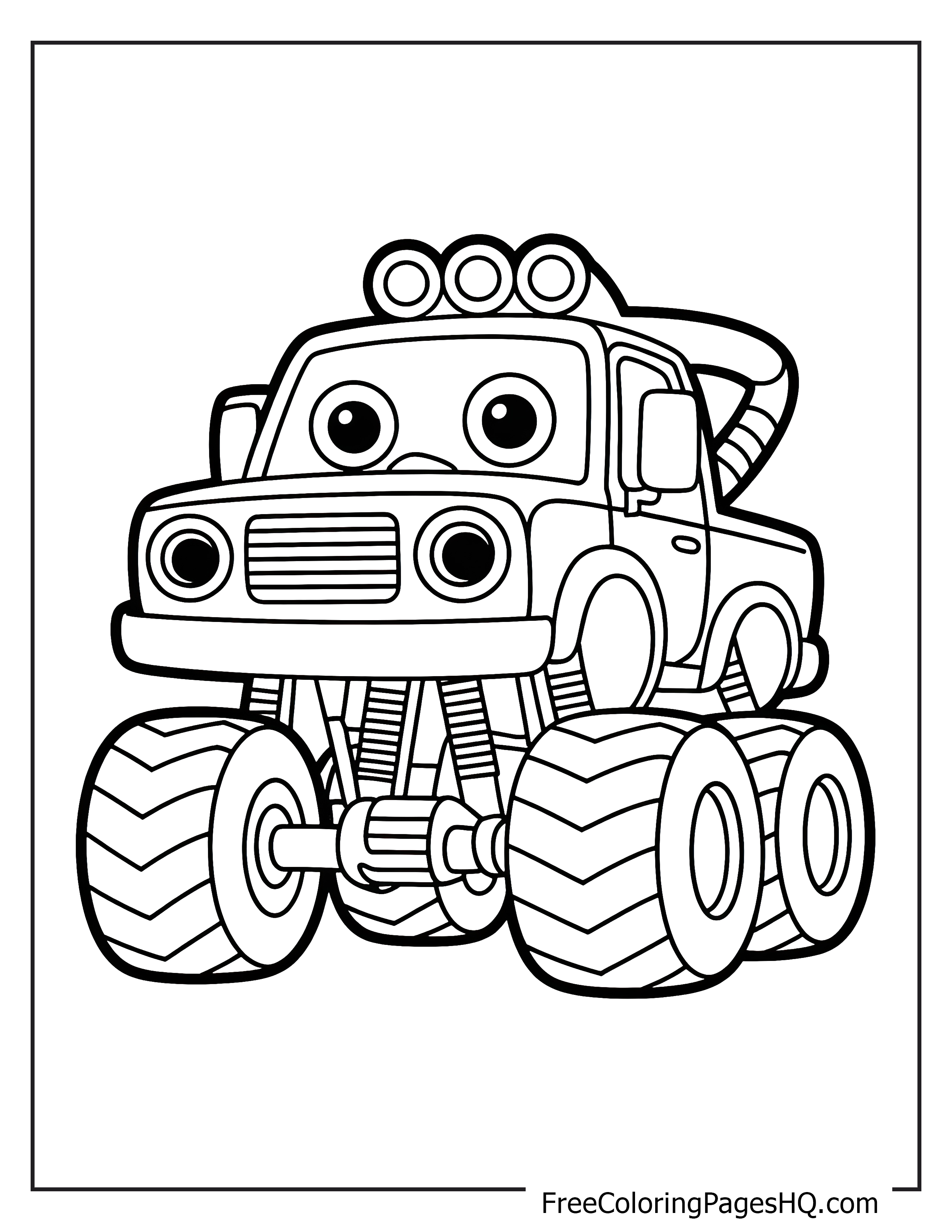 Cartoon monster truck with expressive eyes.