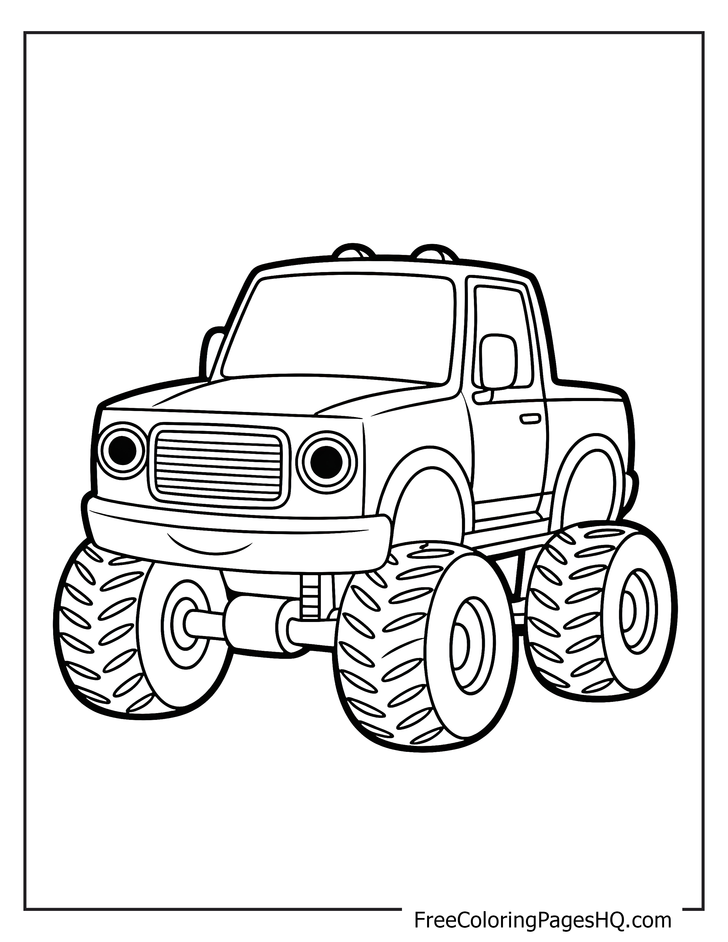 Monster truck illustration with large wheels for kids to color.