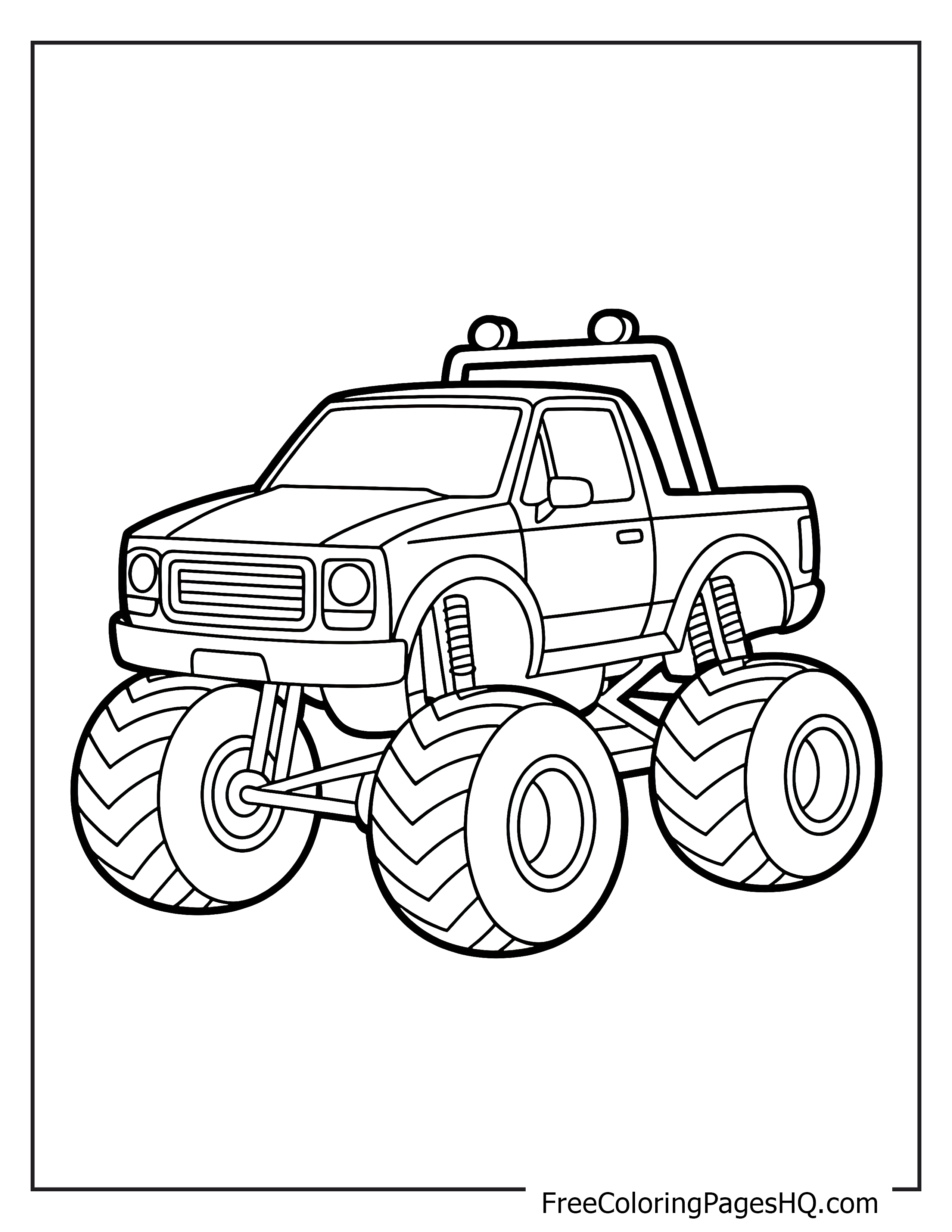 Monster truck illustration with large tires for kids.