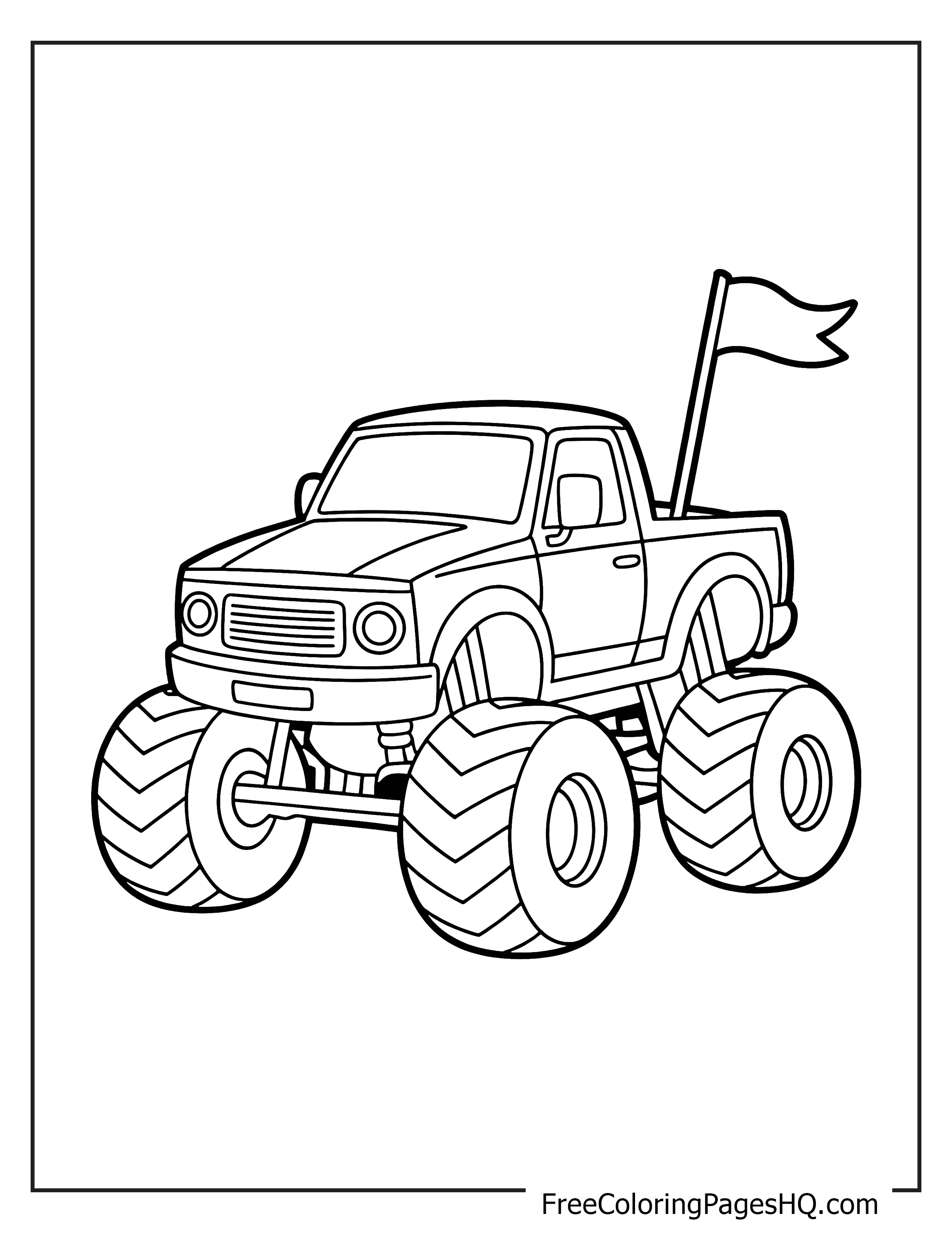Monster truck illustration featuring big wheels and a flag.
