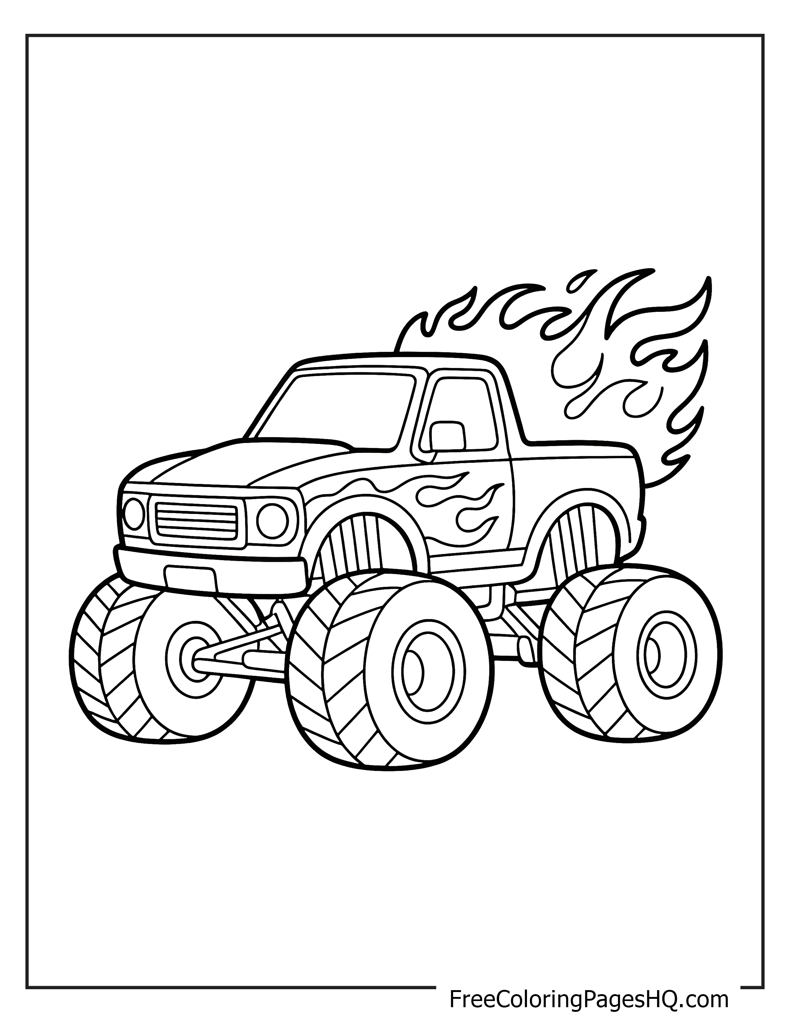 Monster truck illustration featuring flames and oversized wheels.