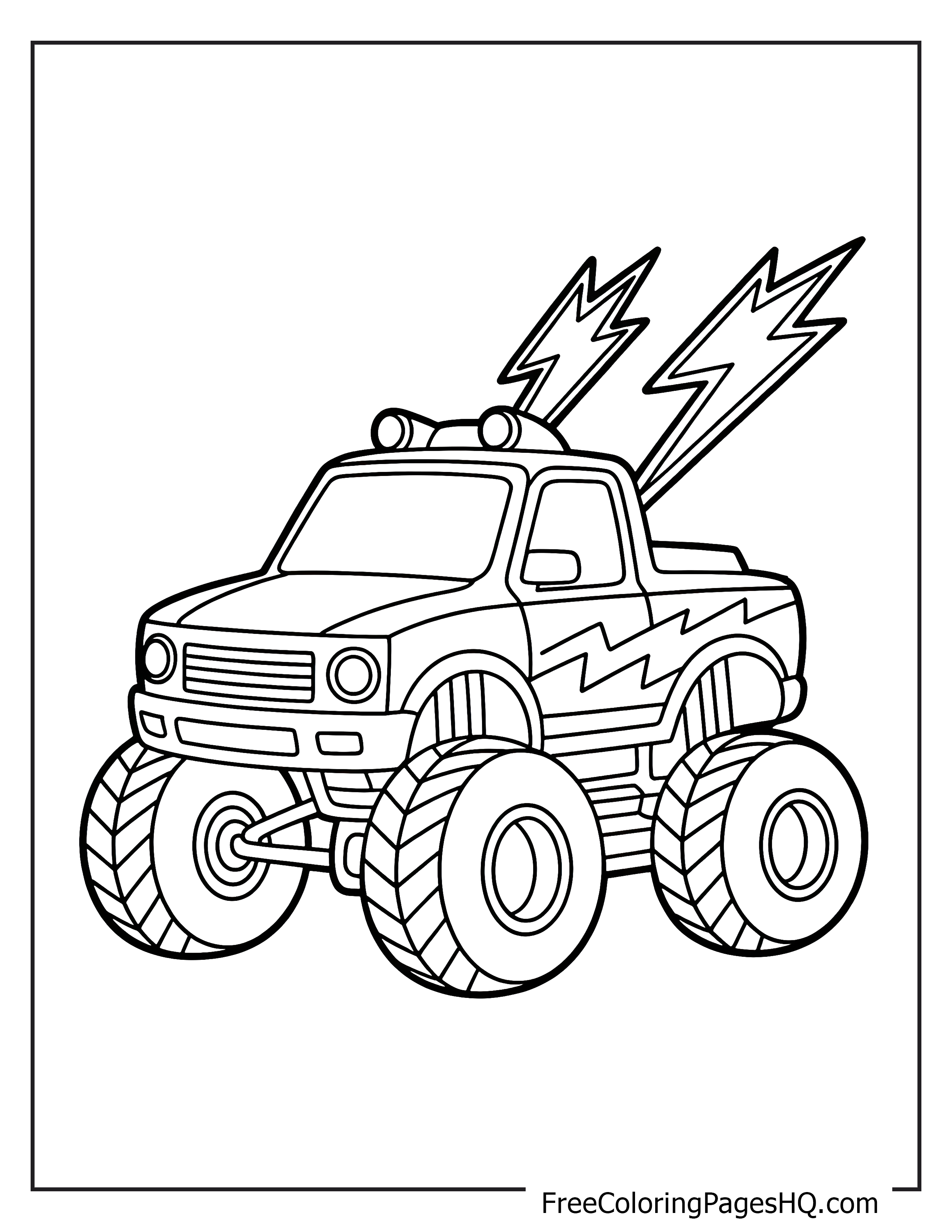 Monster truck with big wheels and lightning details.
