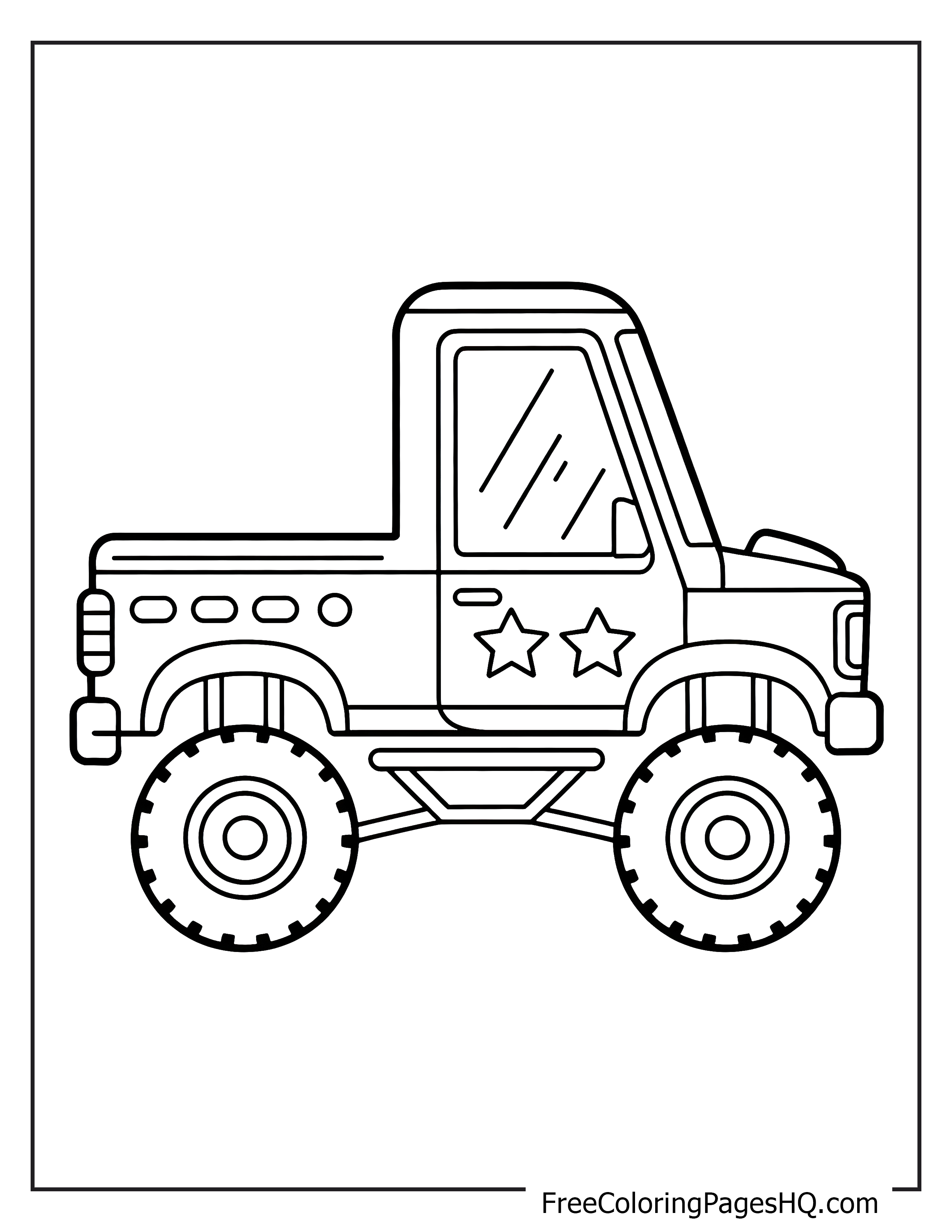 Monster truck with big wheels and star designs.