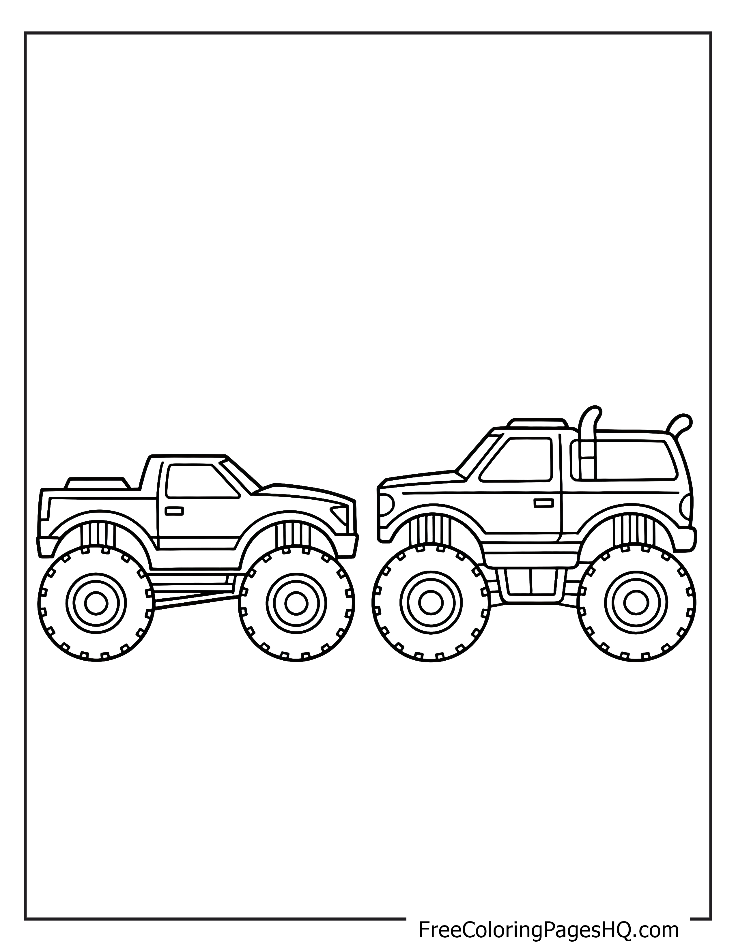 Illustration of two monster trucks with big tires.