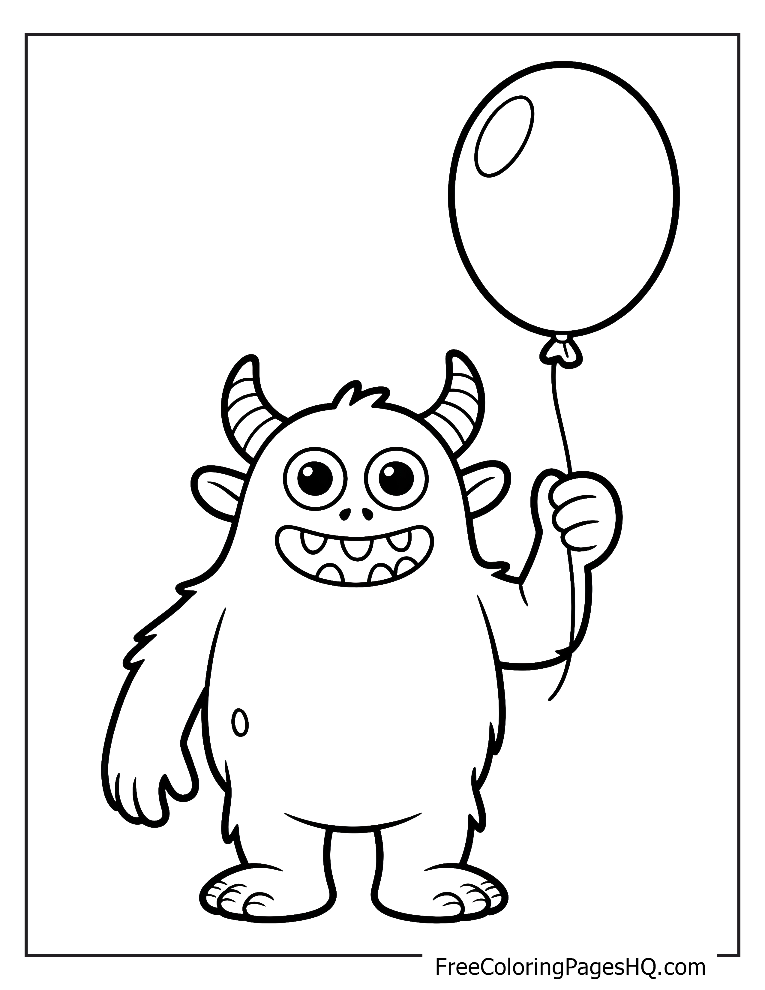 A cute monster happily holding a balloon.