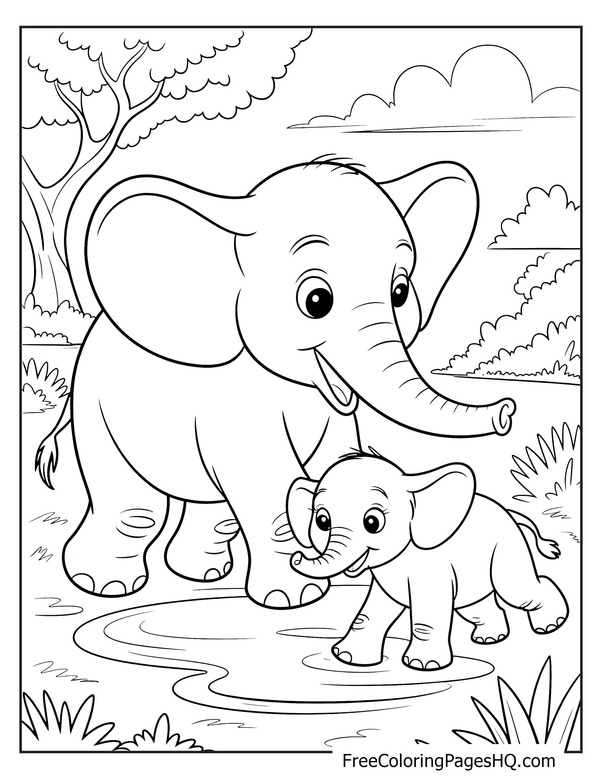 A baby elephant splashes in a puddle next to its mother in a lush setting.