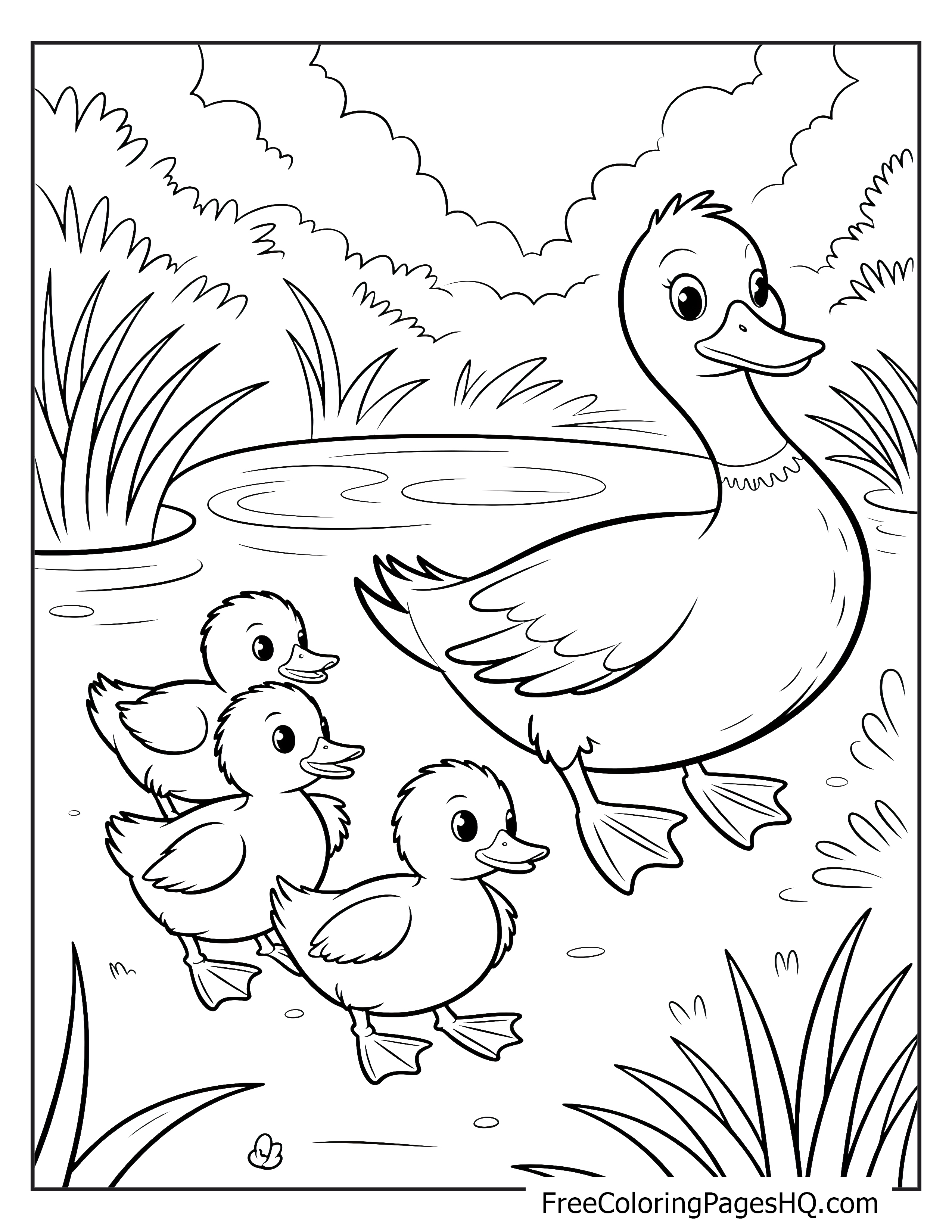 Mother duck with three ducklings walking beside a pond.