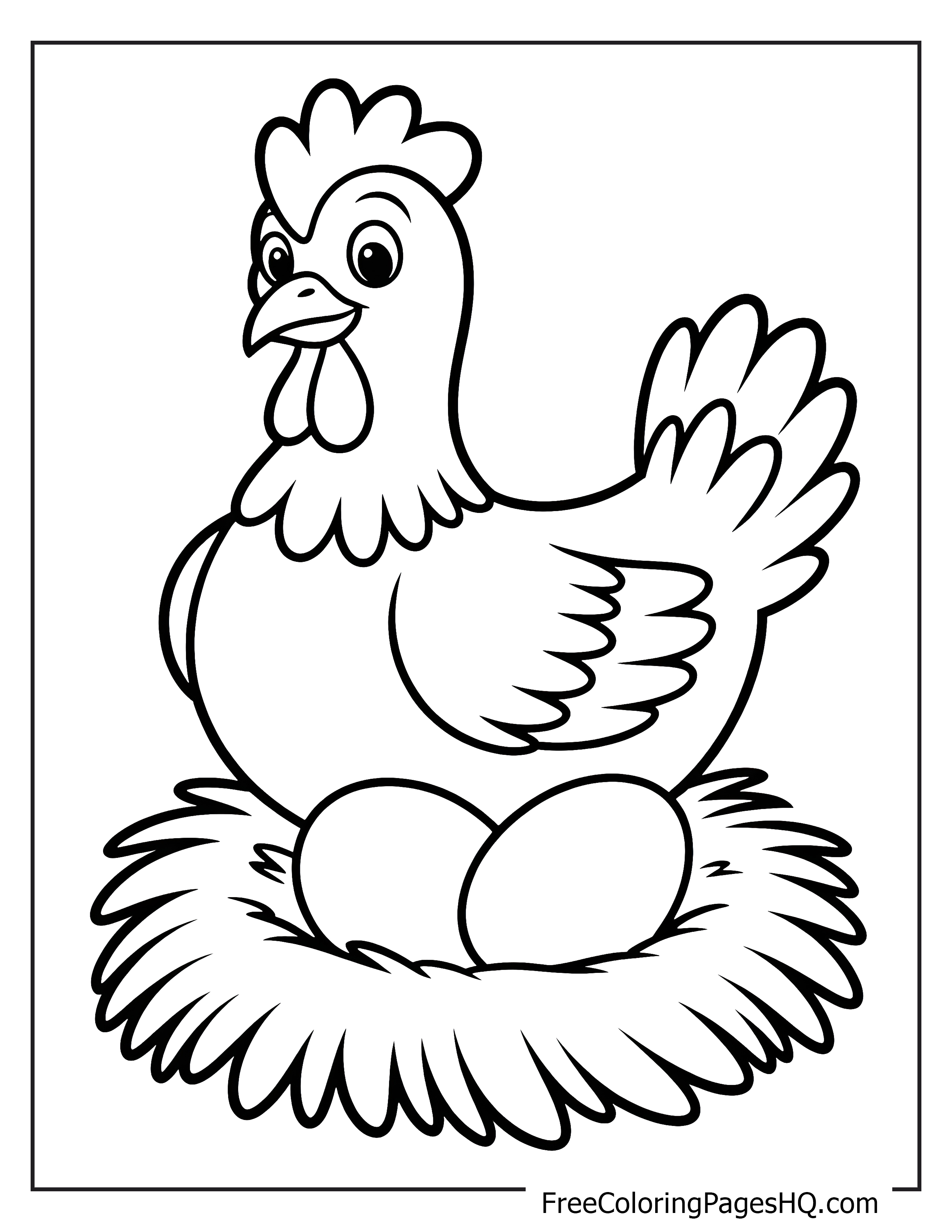 A mother hen sitting on a nest with two eggs.