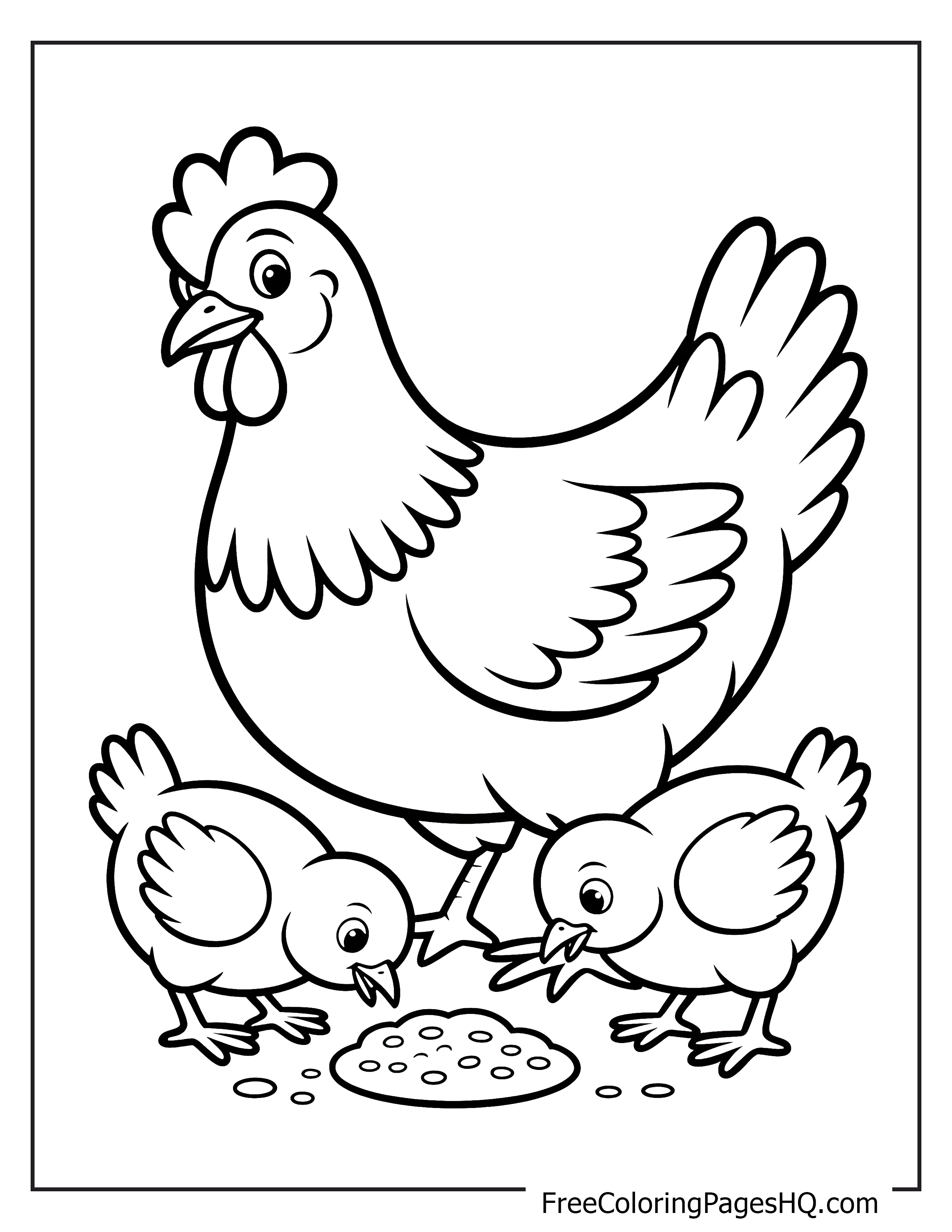 A hen stands with her two chicks eating grains.