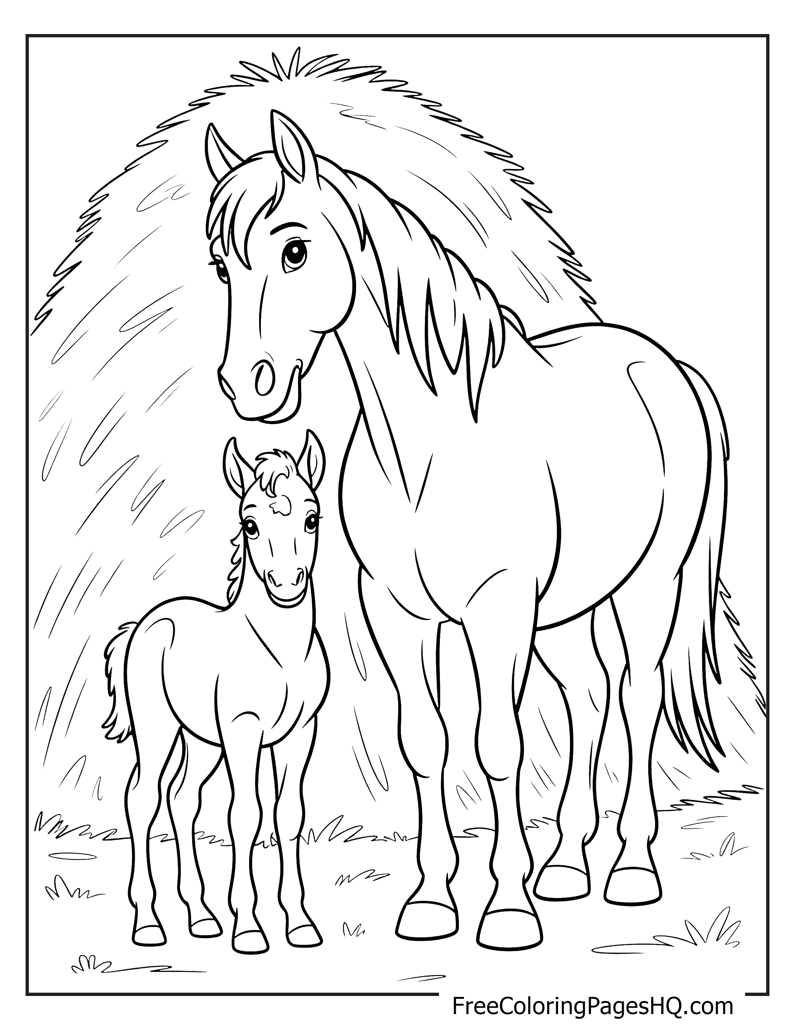 A mother horse and her foal stand together near a haystack.