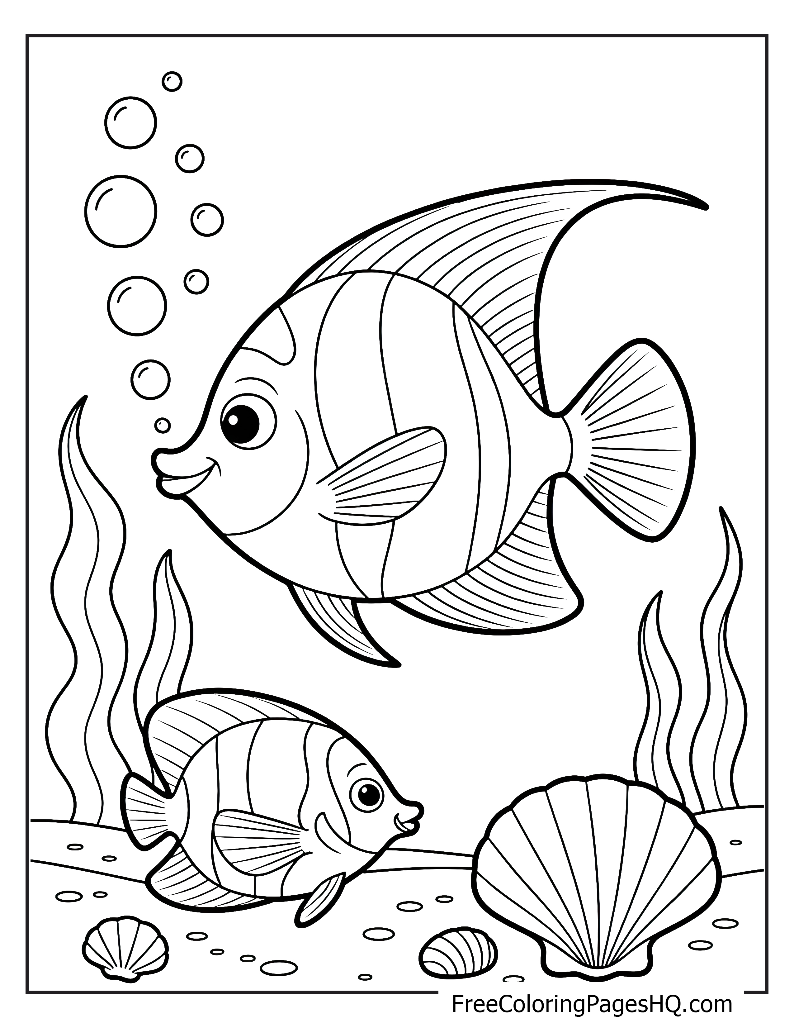 Tropical fish swimming underwater with bubbles and seaweed.