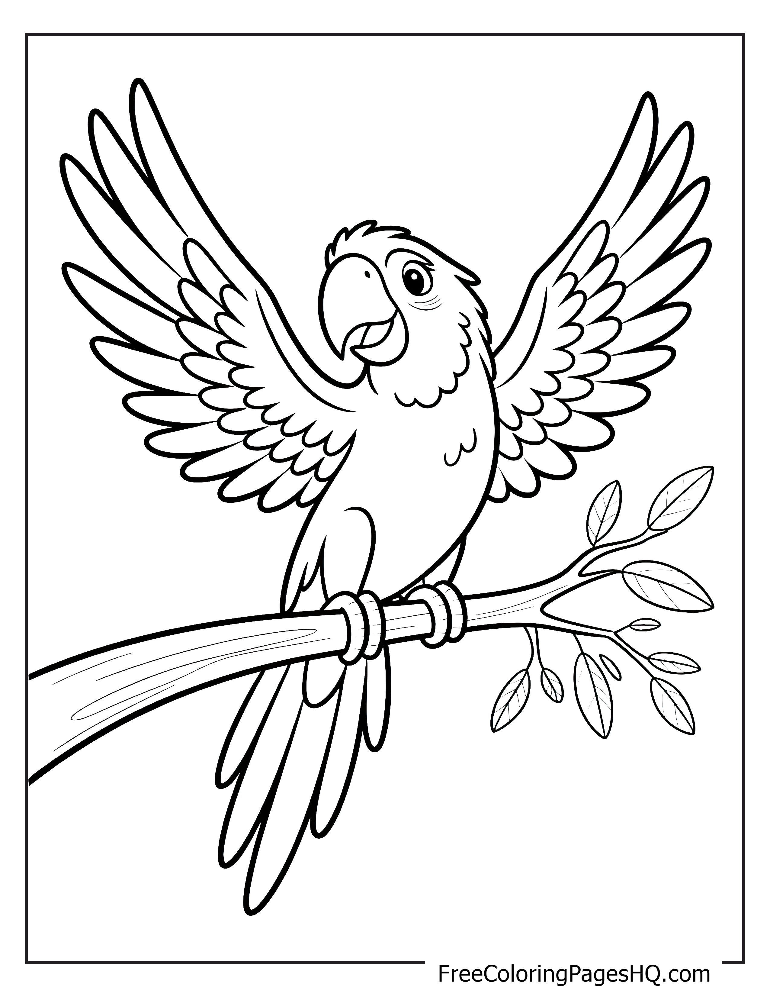 A parrot with open wings sitting on a tree branch with leaves.