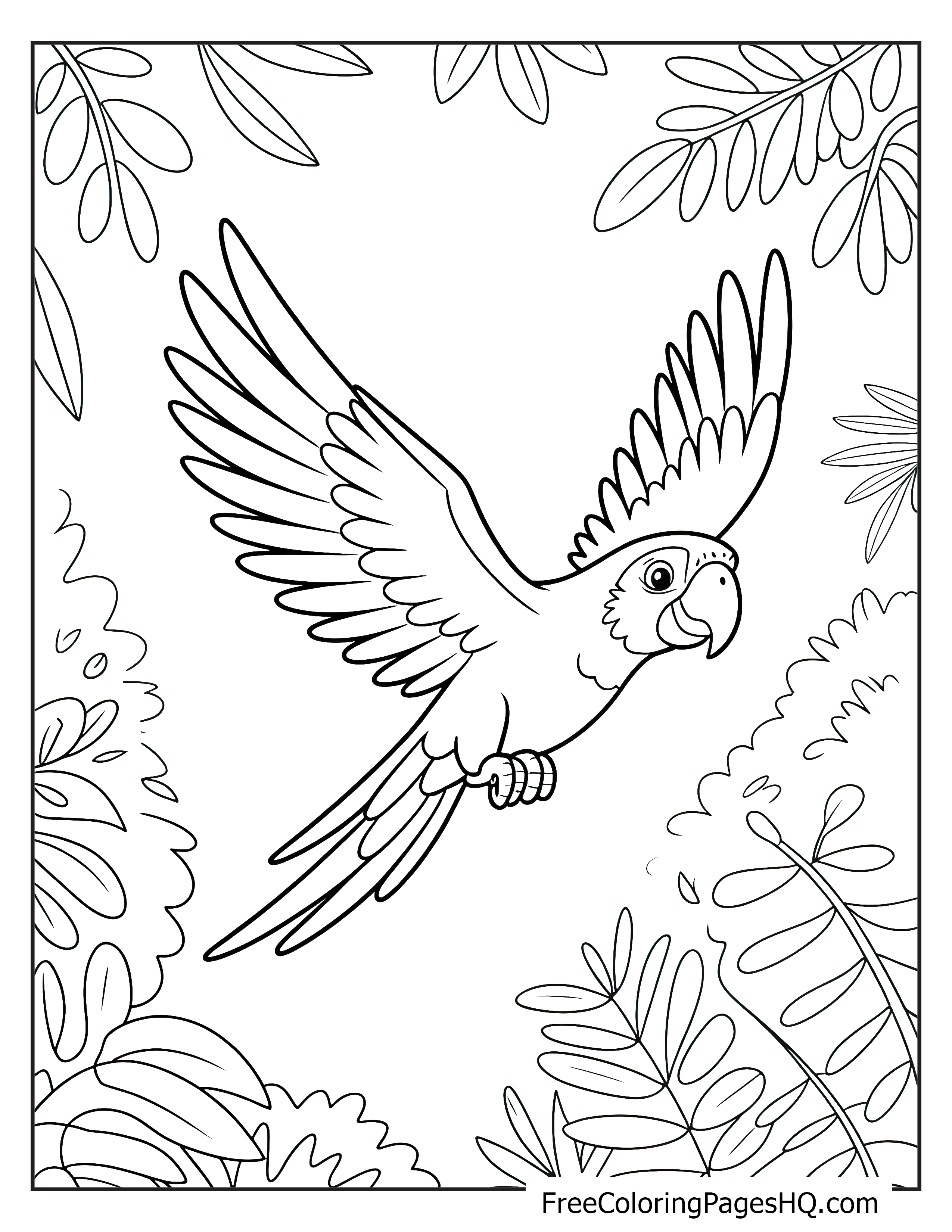 A parrot flying above jungle foliage with its wings wide open.