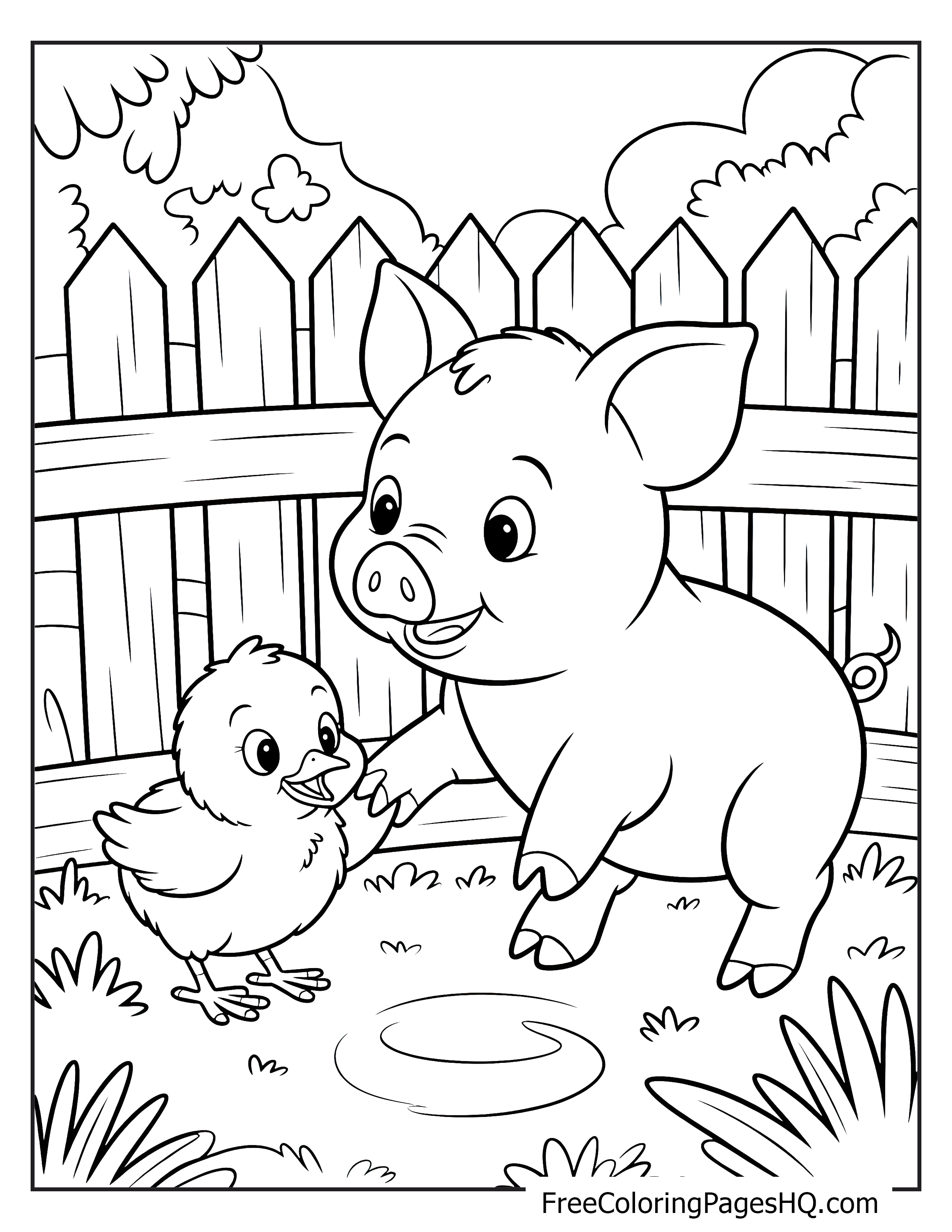 A piglet and chick playing together in a farm setting.