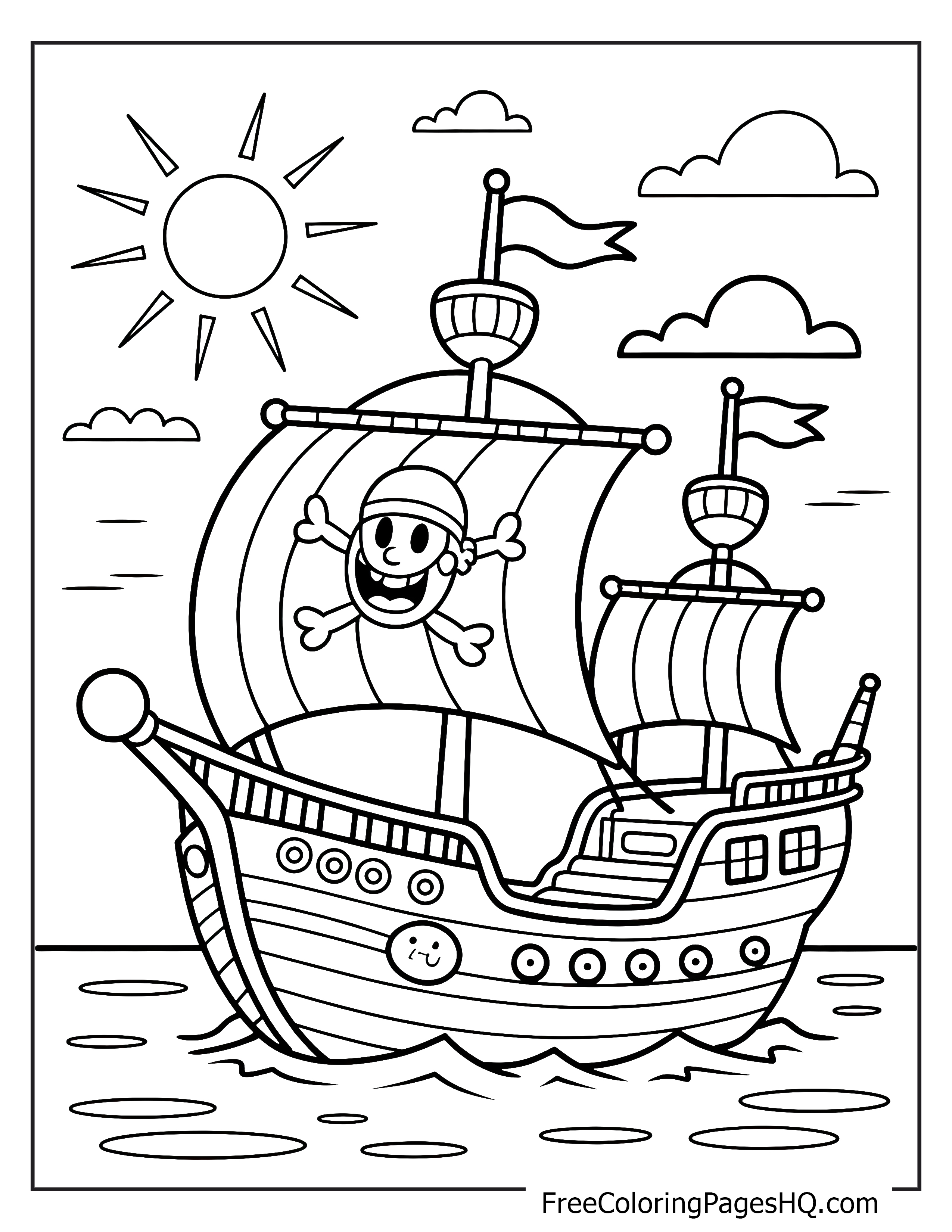 A pirate ship with a smiling pirate sailing under a sunny sky.
