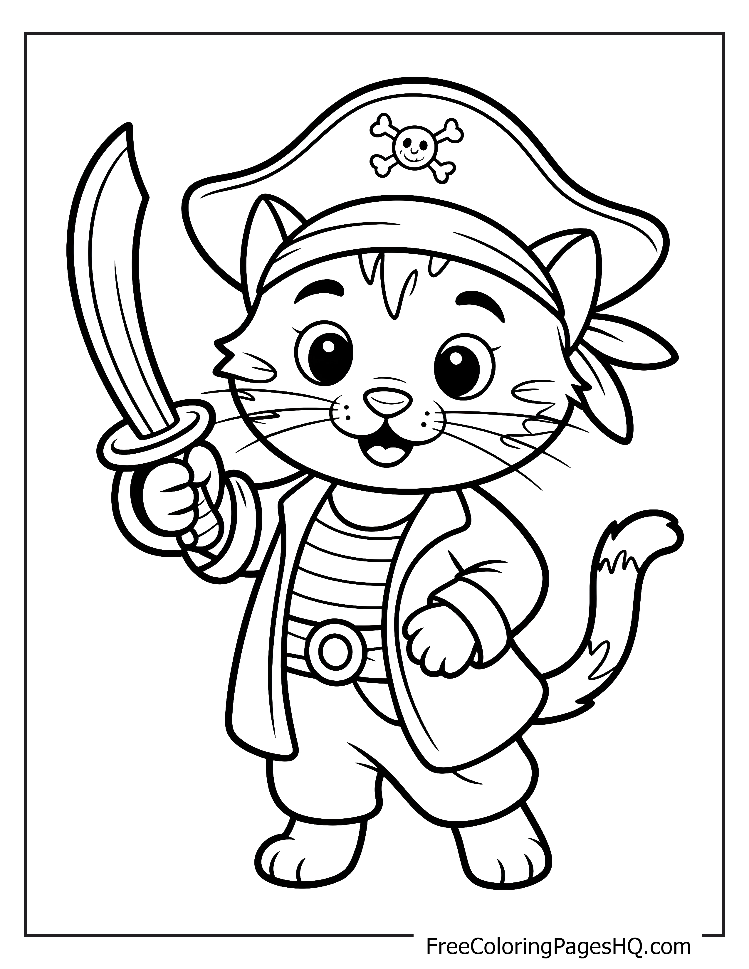 Cat pirate character with a sword and pirate hat.