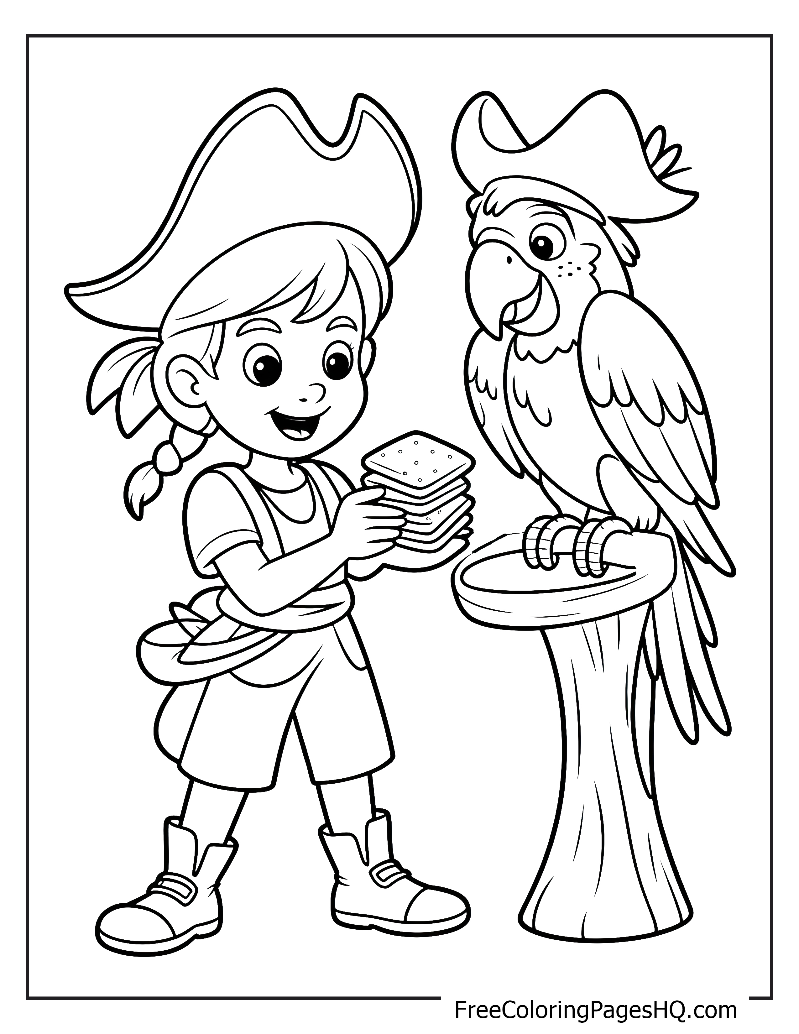 Pirate girl with a plate of crackers, sharing with a parrot on a stand.