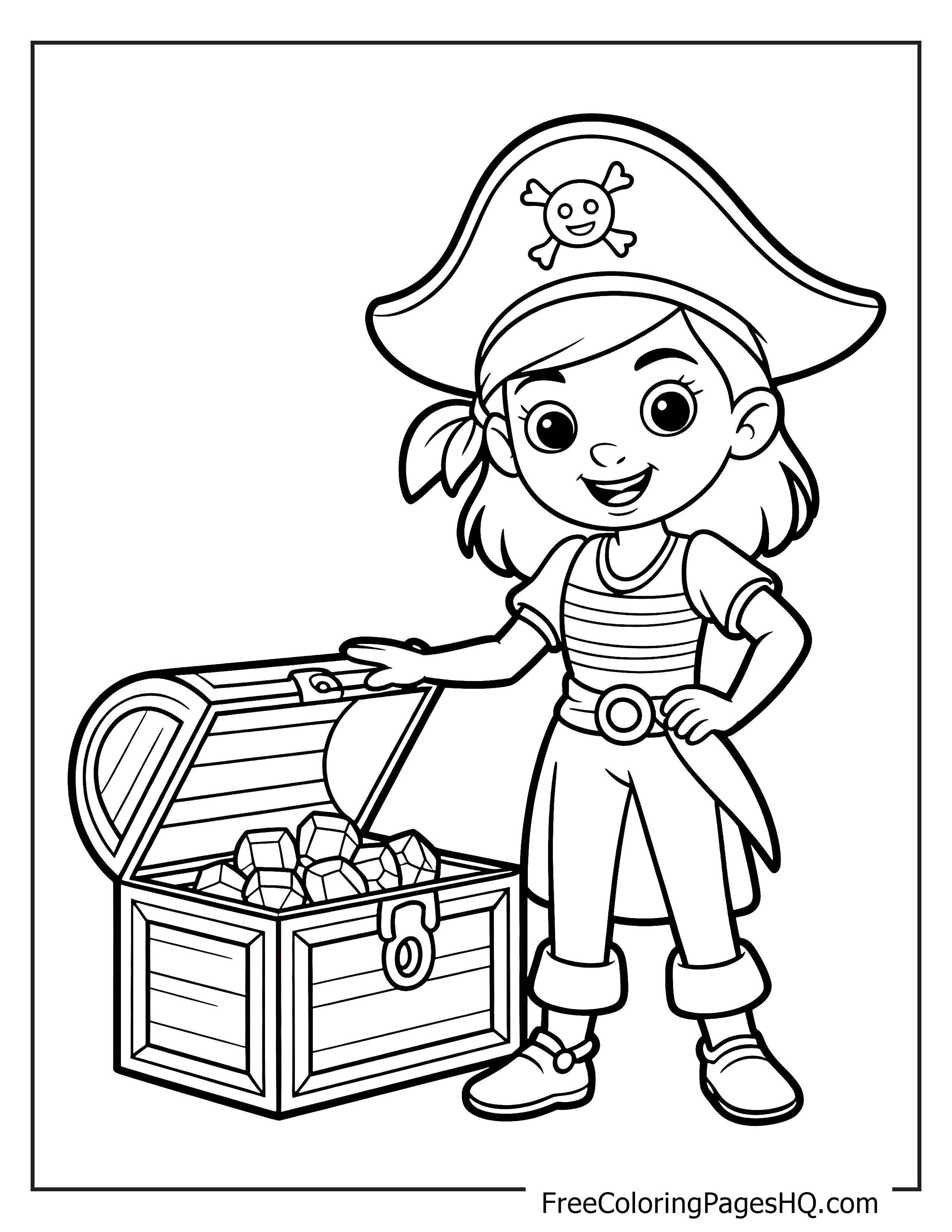A young girl dressed as a pirate stands beside an open treasure chest filled with gems.