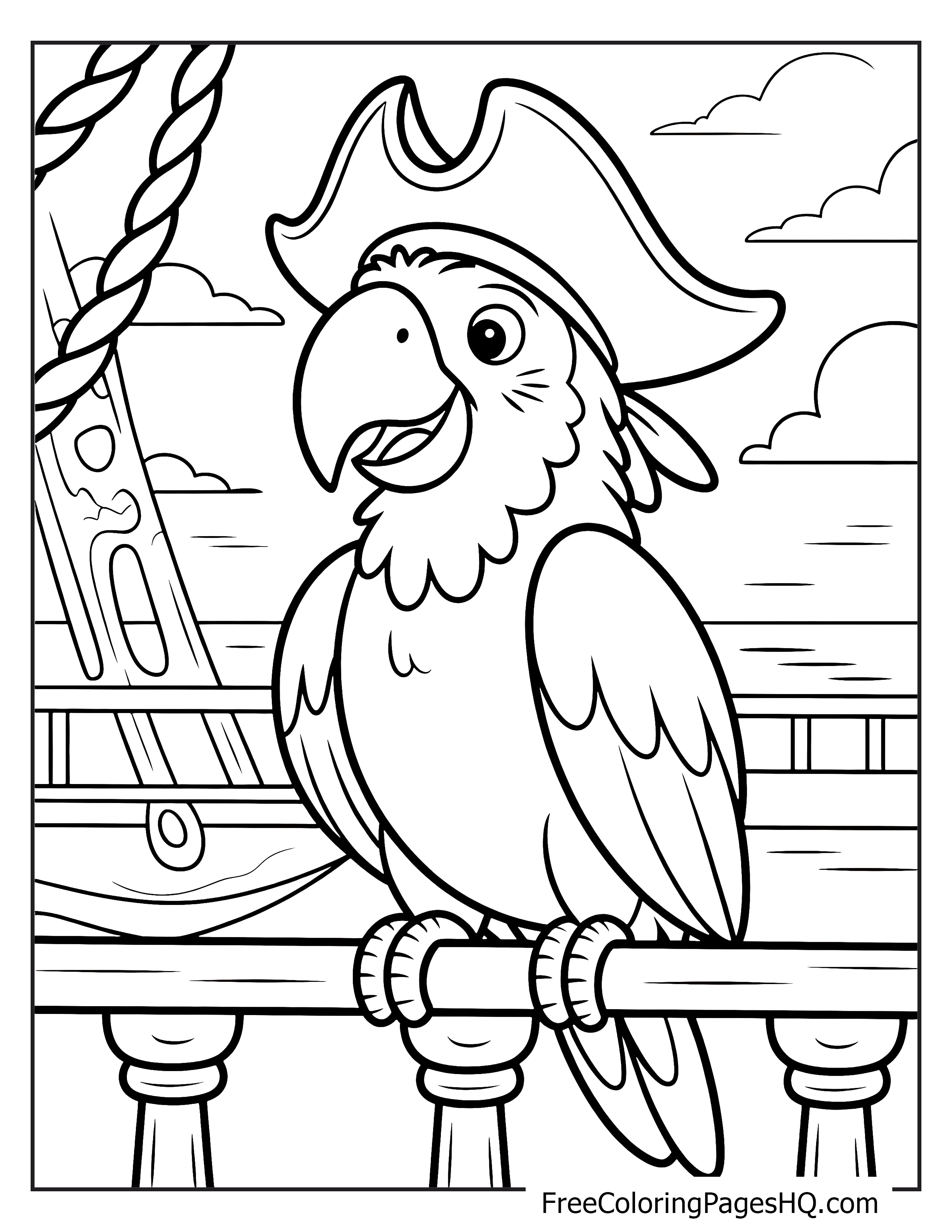 Parrot wearing a pirate hat sitting on a ship's railing with the sea in the background.