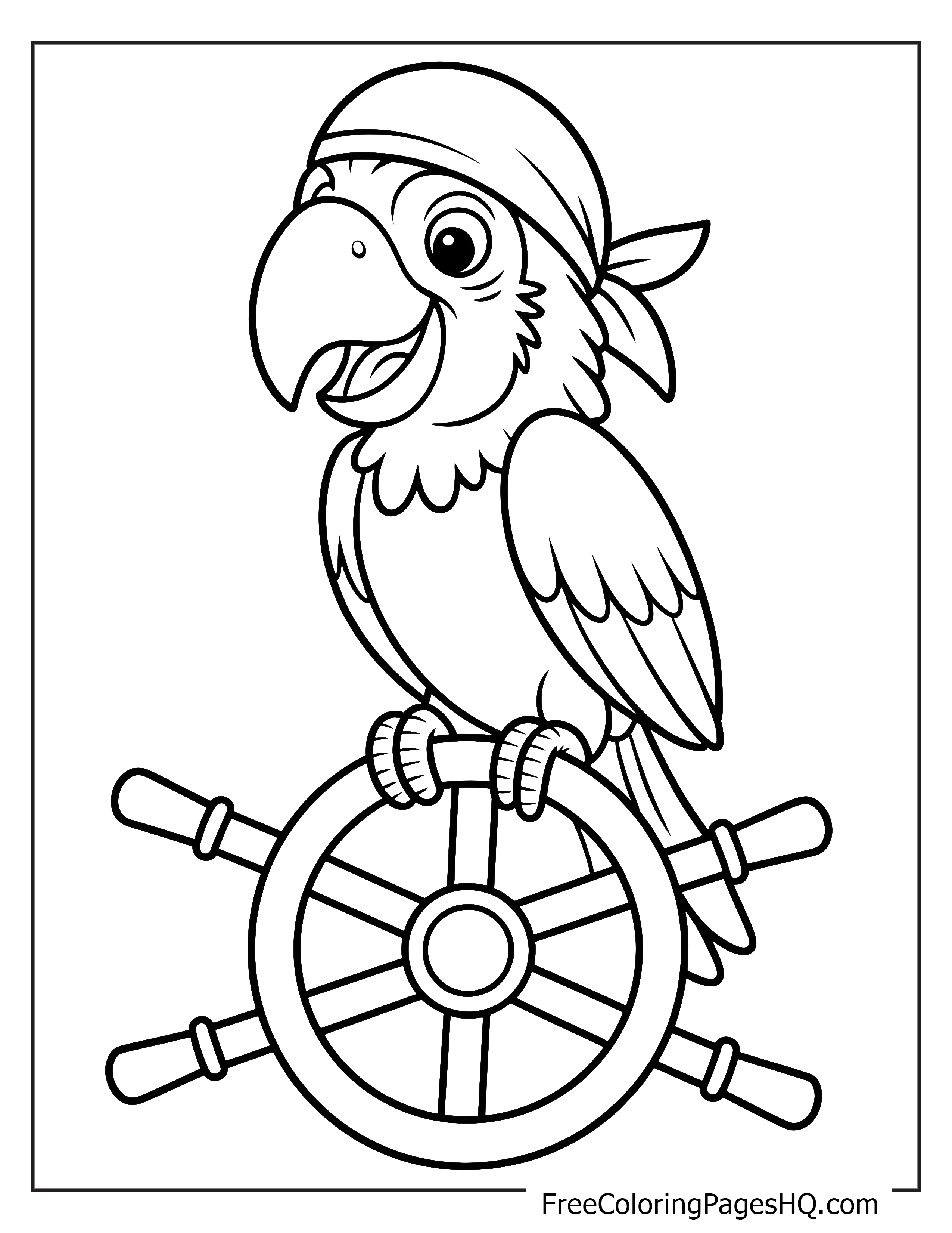 Pirate parrot wearing a bandana standing on a ship's wheel.