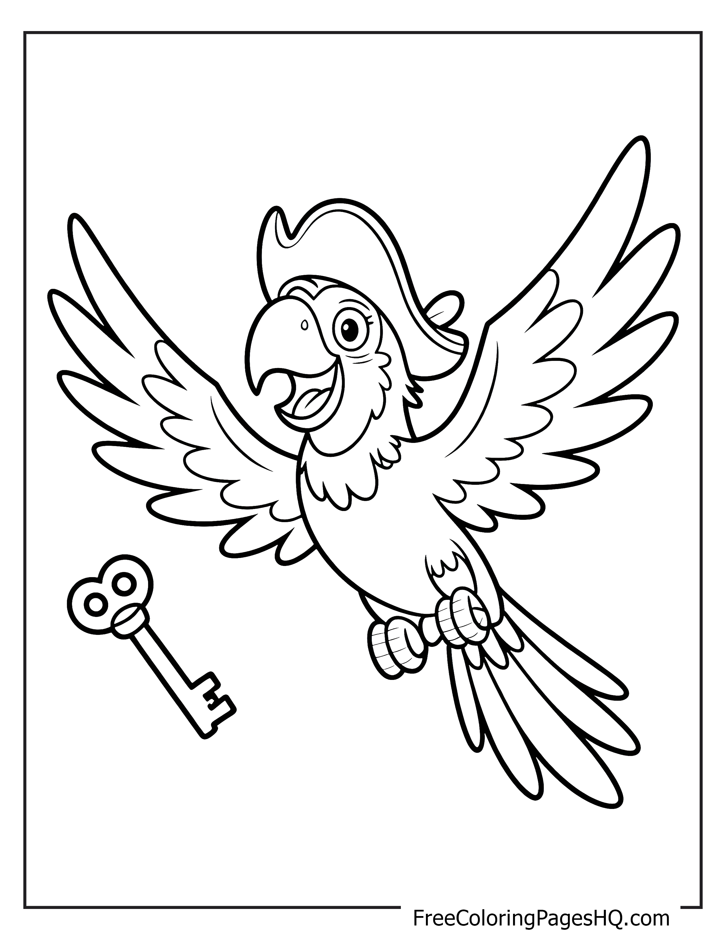 A joyful pirate parrot wearing a hat flies next to a key in the air.