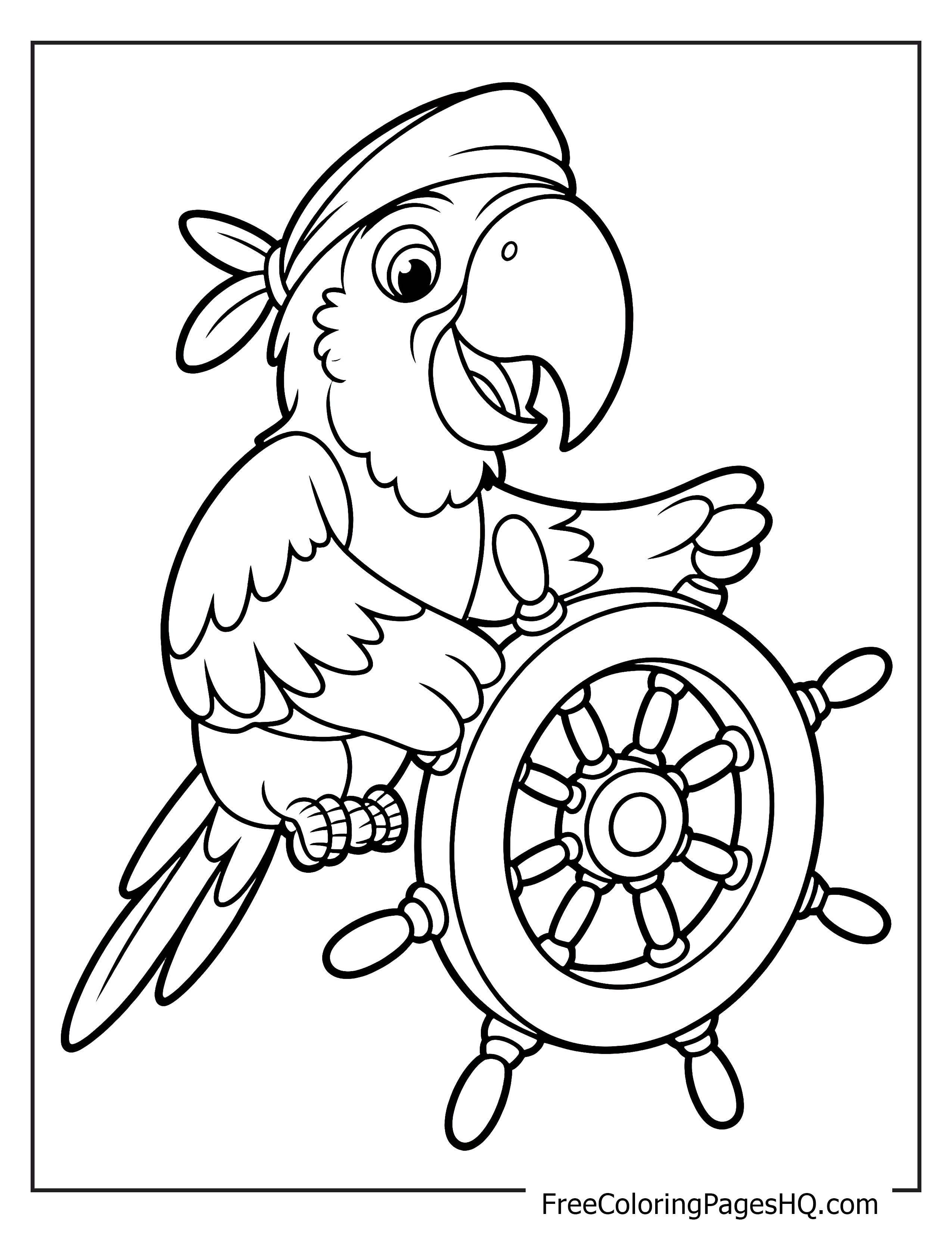 A cheerful pirate parrot steering a large ship's wheel.