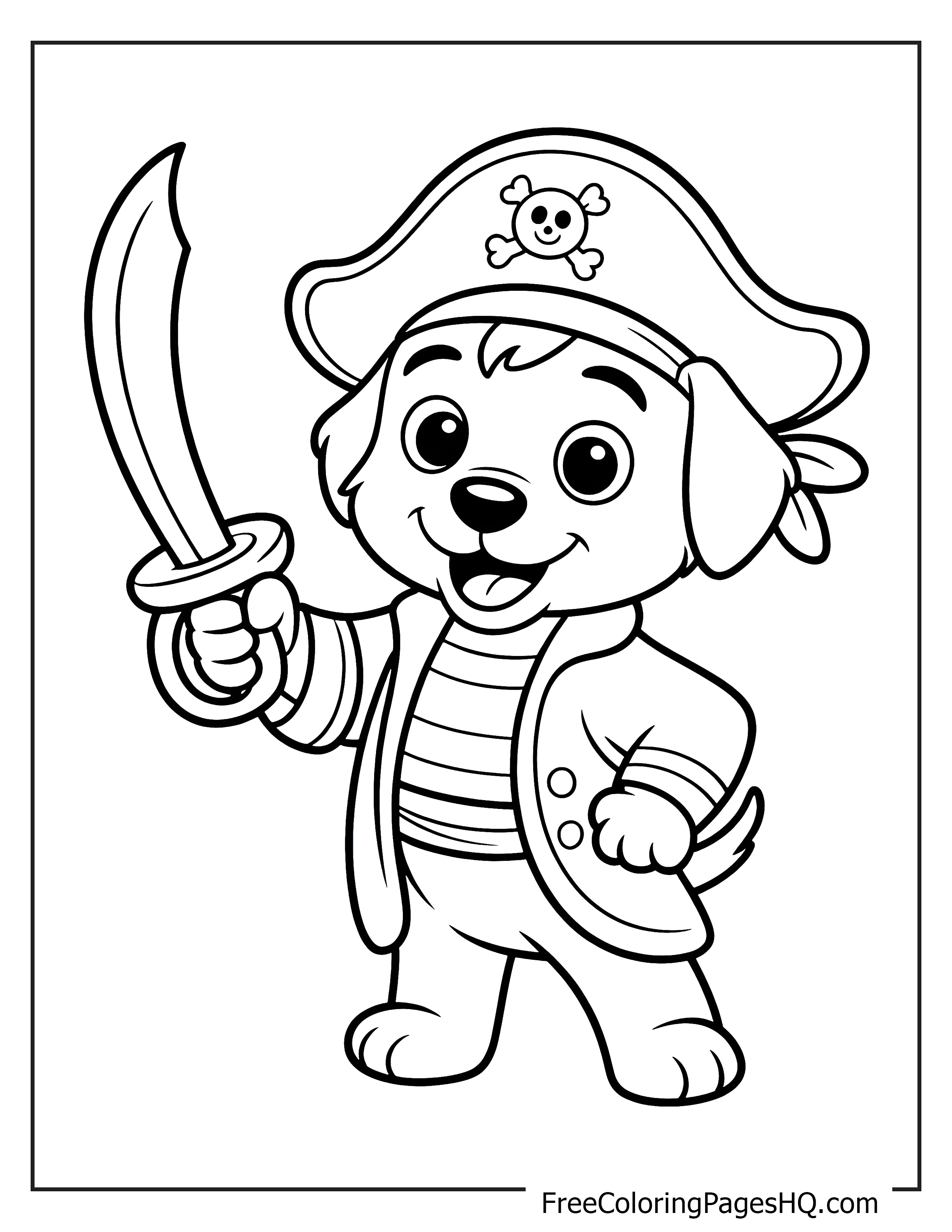 Adorable pirate dog with a hat and sword.