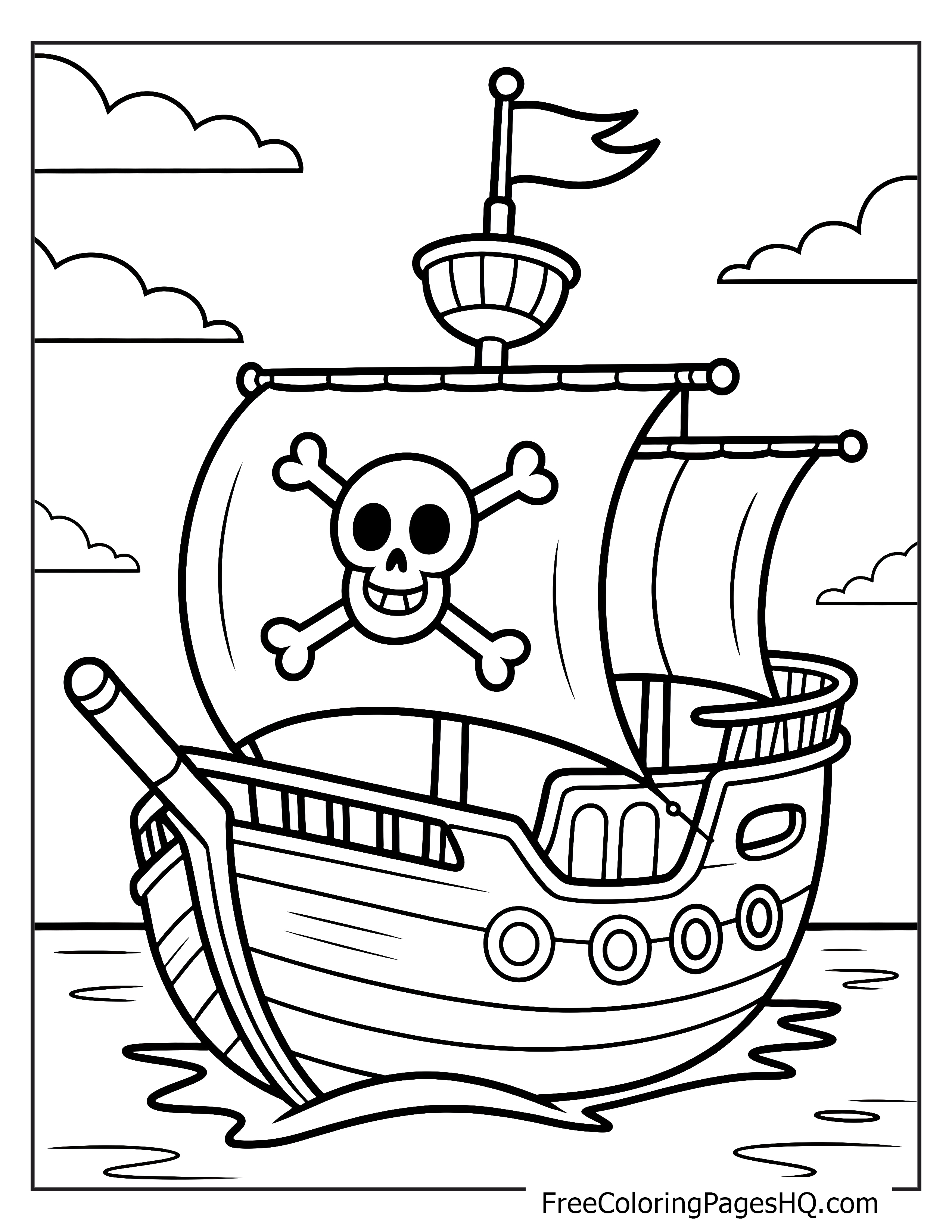 A pirate ship with a skull and crossbones flag sails on the sea beneath cloudy skies.