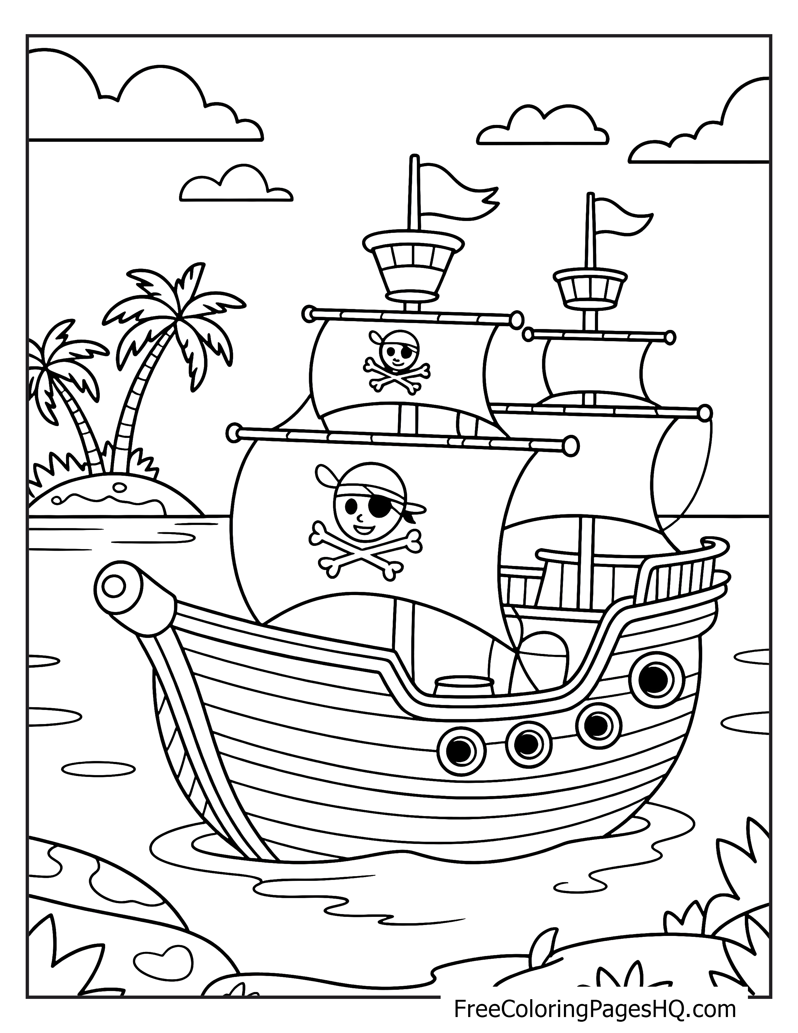 A pirate ship with skull sails sails near an island with palm trees and clouds in the sky.