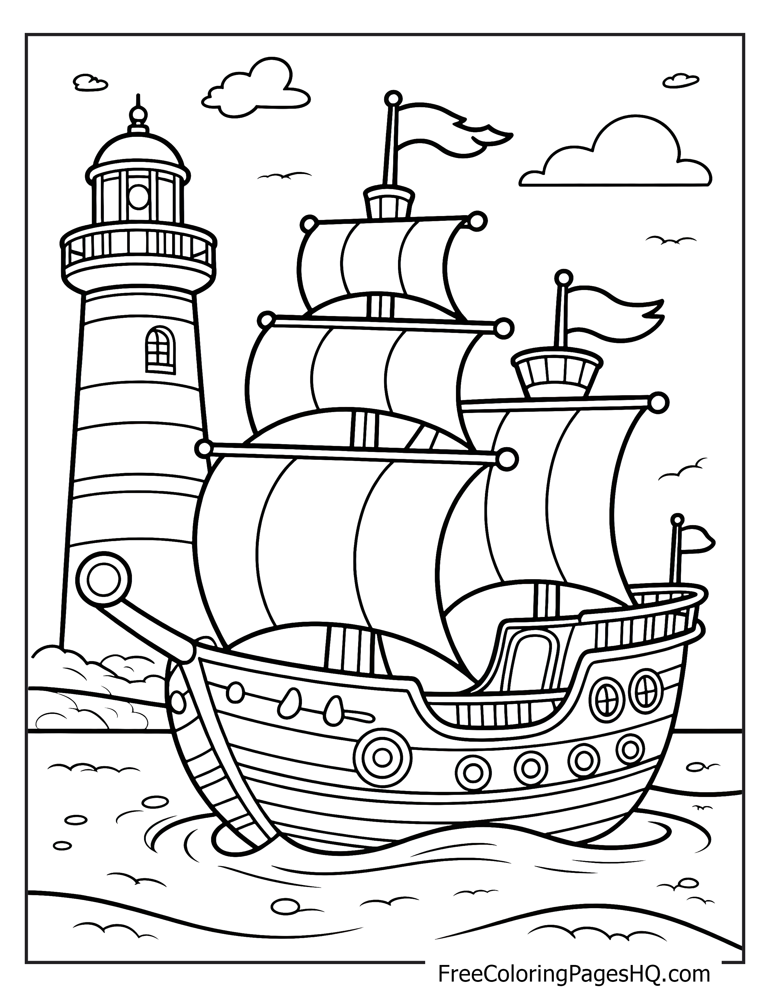 A pirate ship sailing near a lighthouse with clouds in the sky.