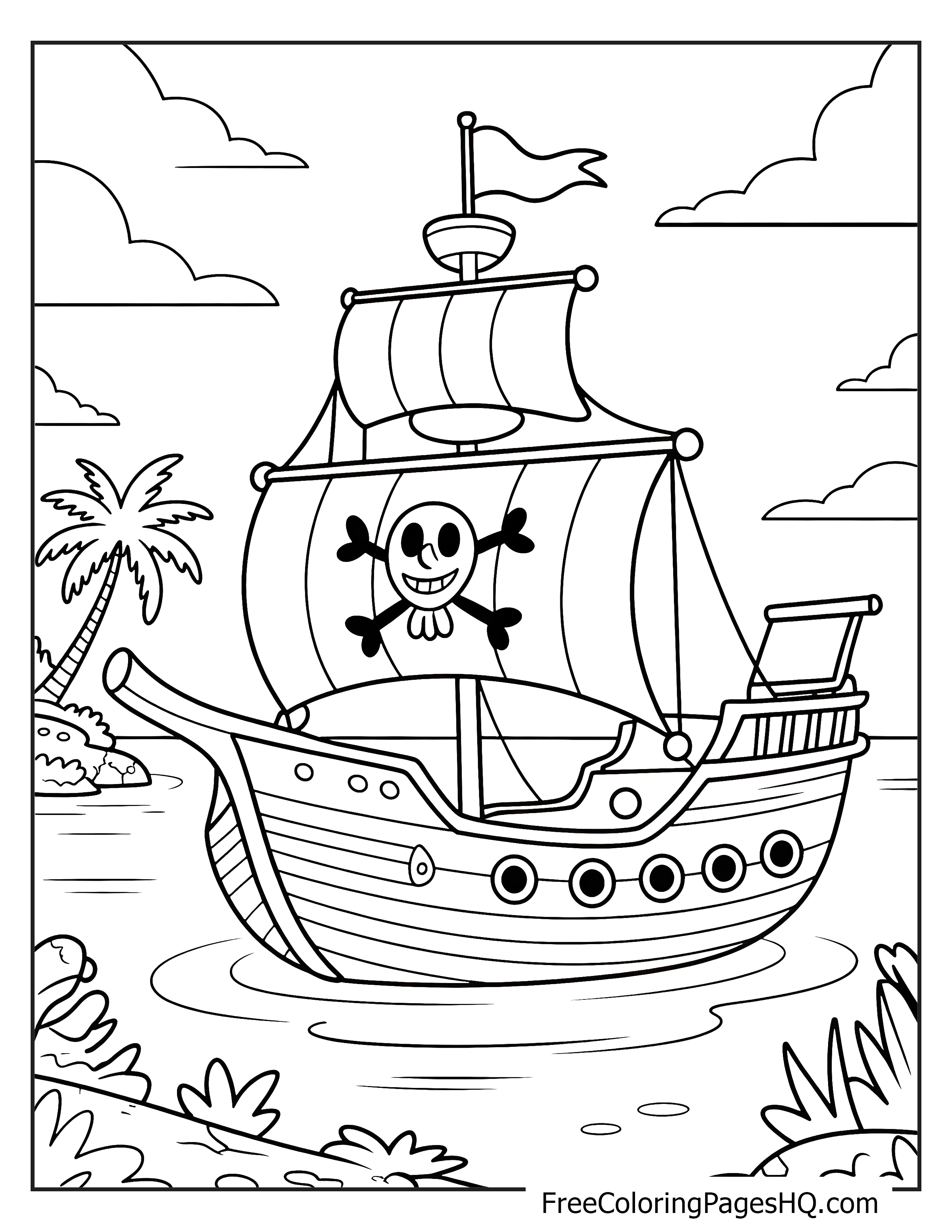 Pirate ship with a skull and crossbones sail near a tropical island and palm trees.