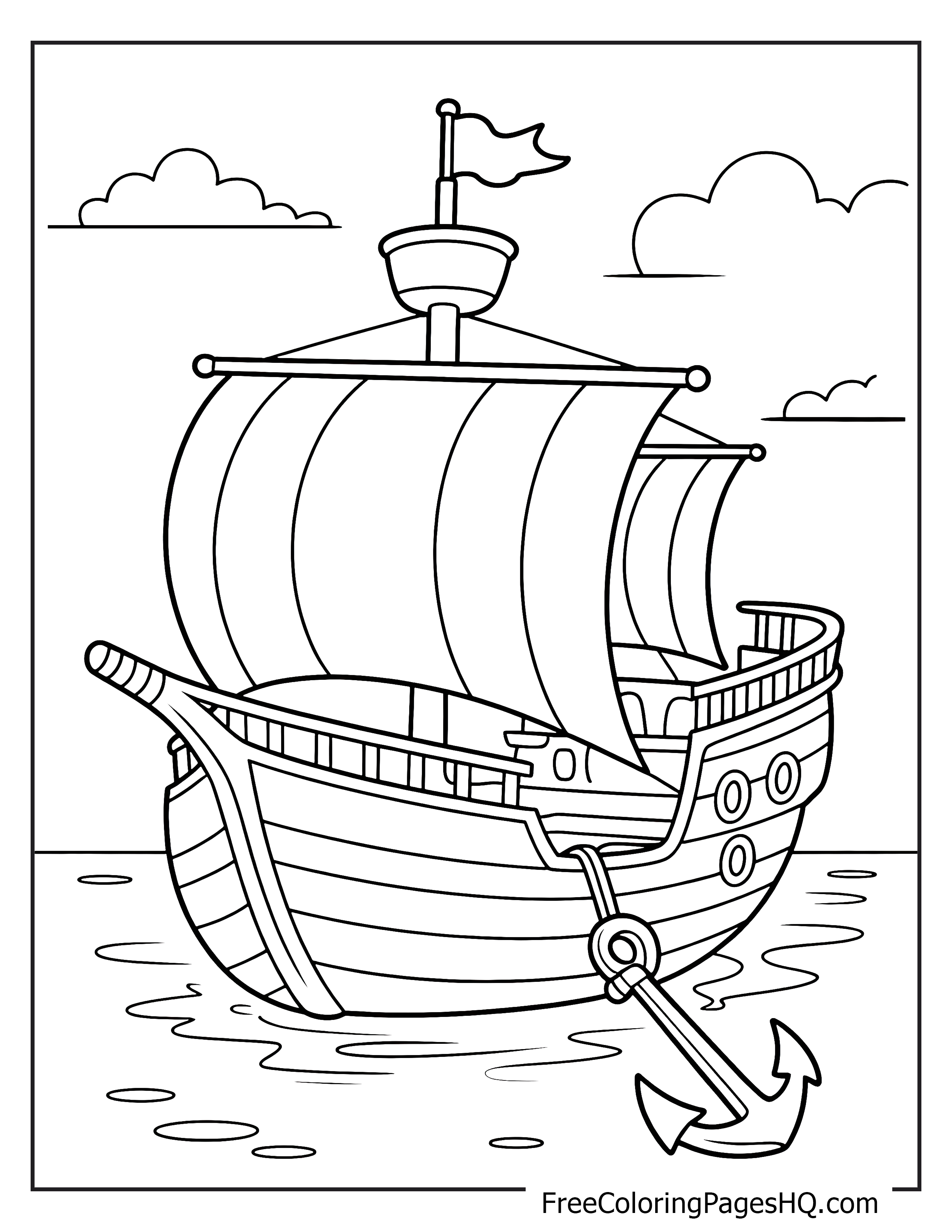 A pirate ship with large sails and an anchor on calm water.