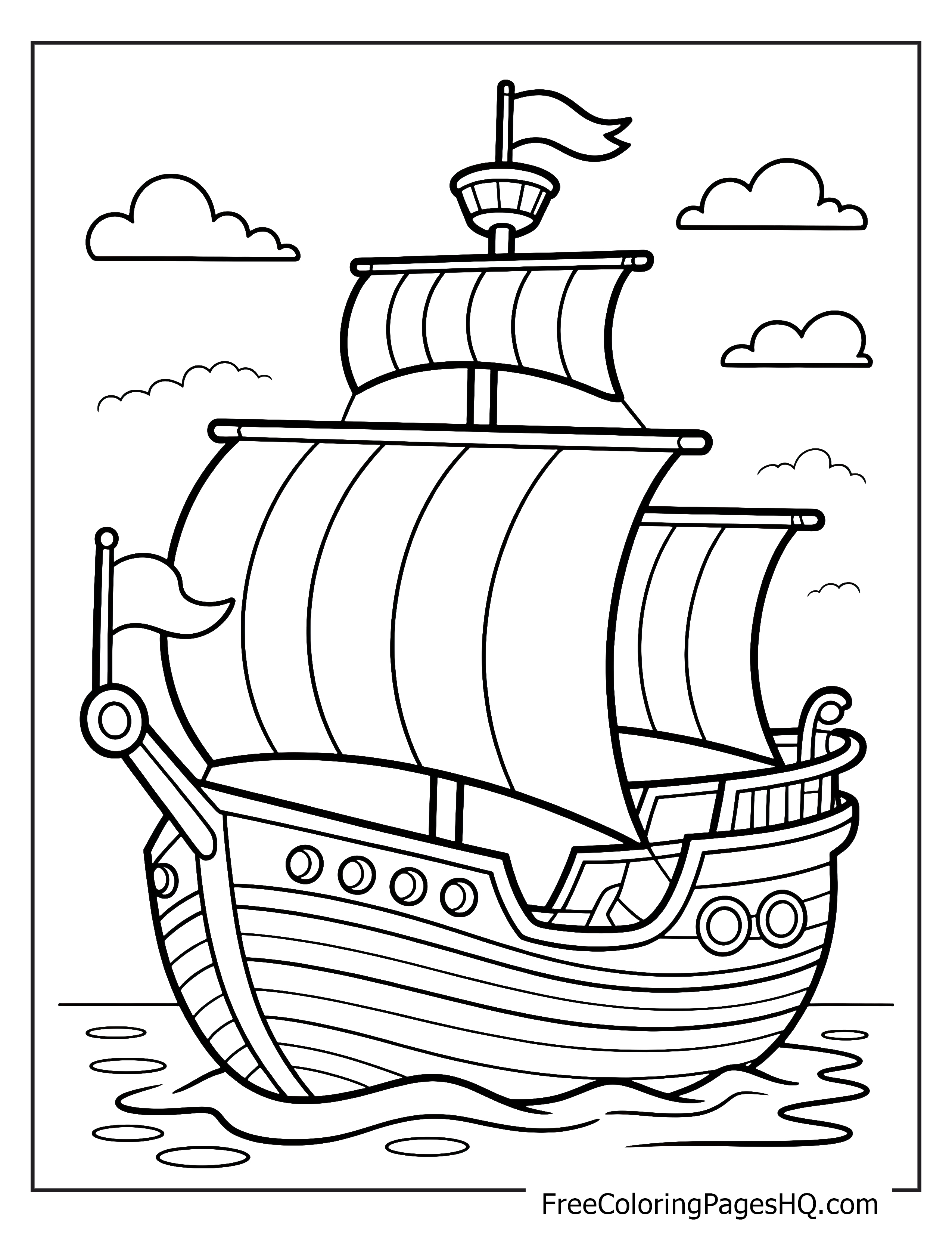 Pirate ship with large sails on the sea and clouds above.