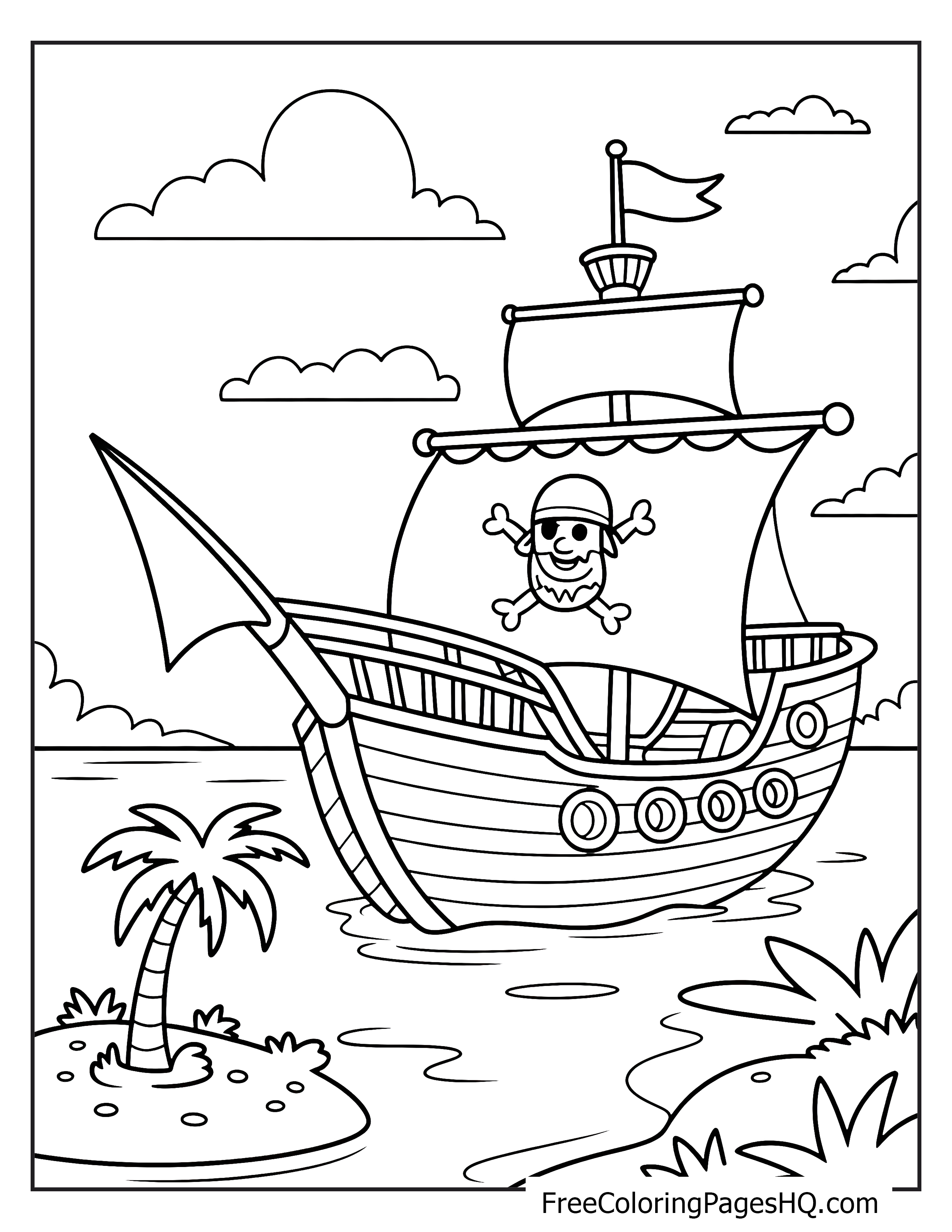 A pirate ship with a skull and crossbones sails near a small island with a palm tree.