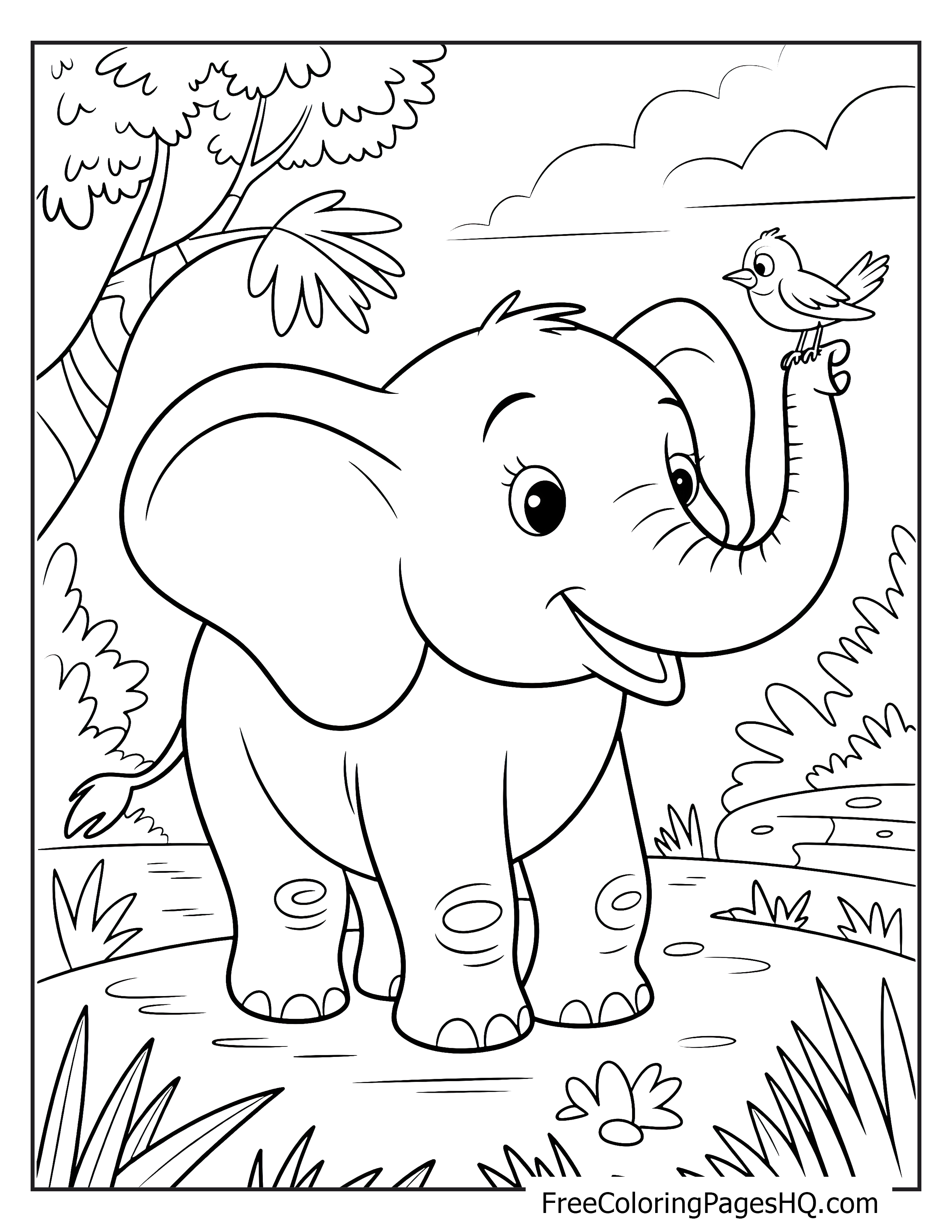 Friendly elephant and bird in a forest illustration.