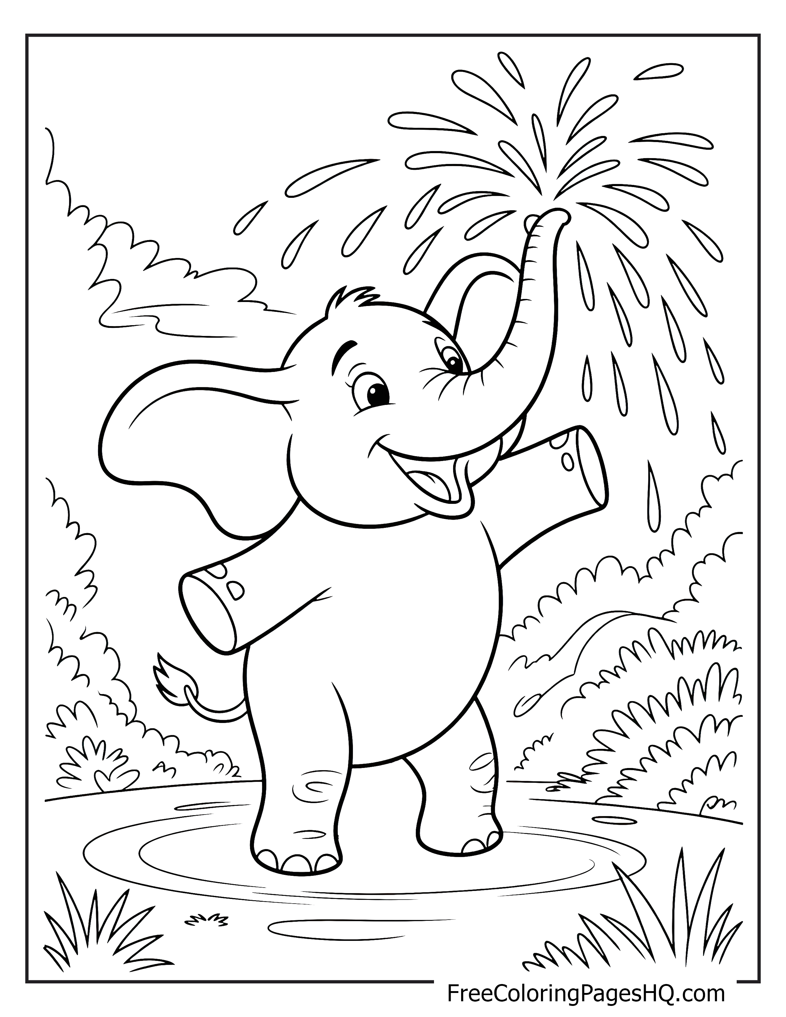 A happy elephant splashes water with its trunk in a jungle setting.