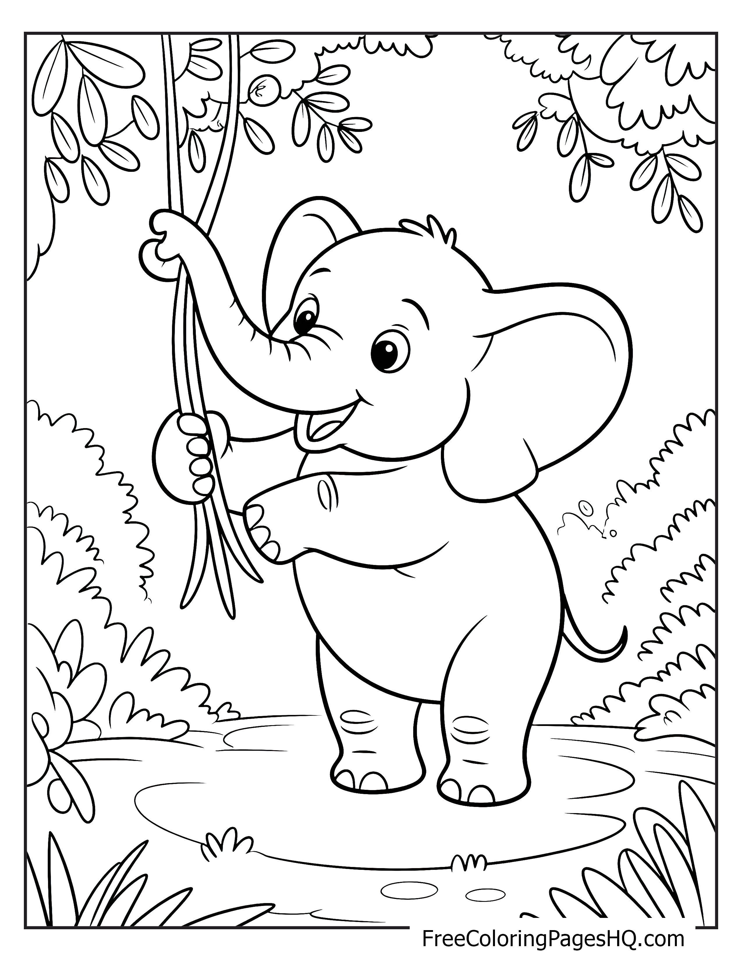 Smiling elephant swinging from a vine in lush jungle surroundings.
