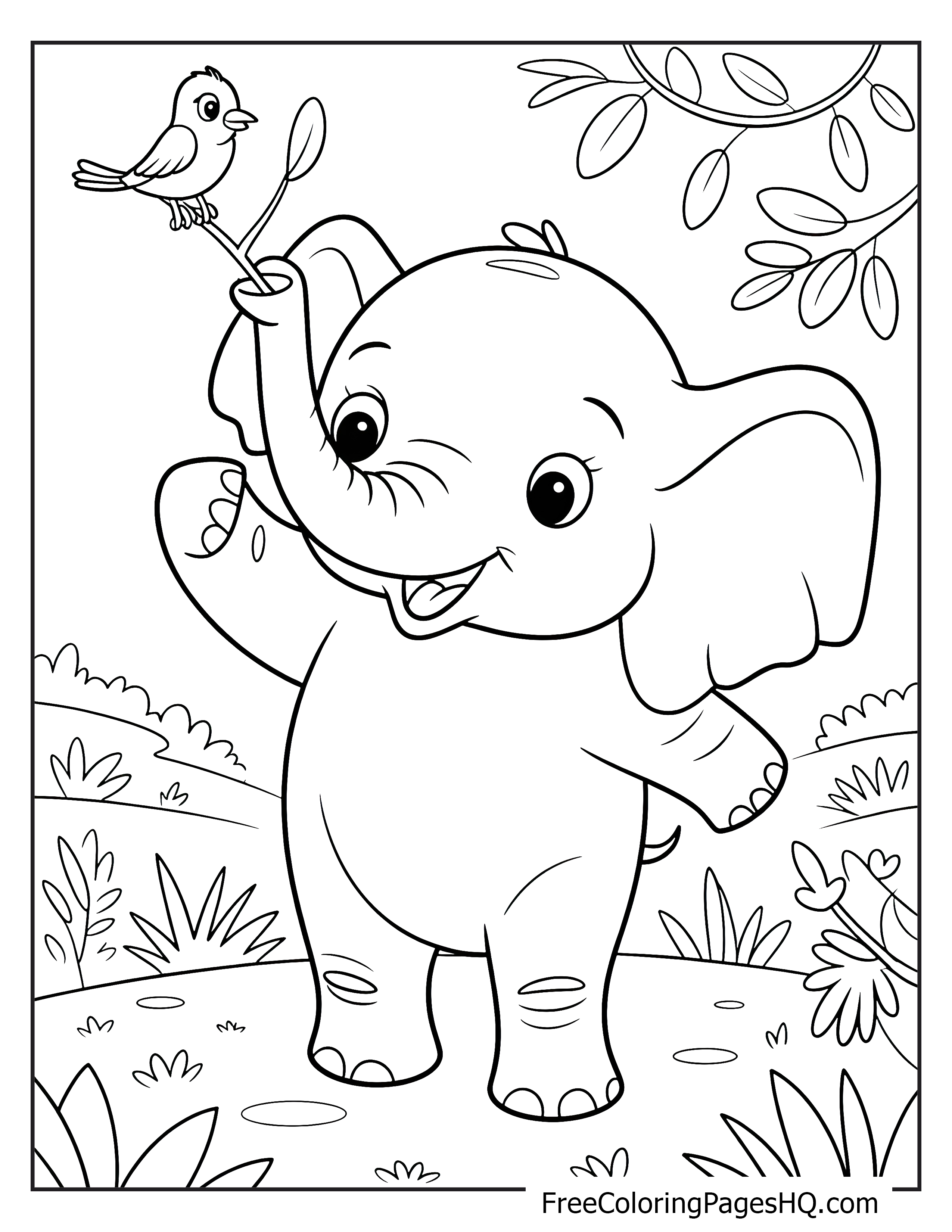 Elephant holding a branch with a bird perched on it, set in a jungle background.