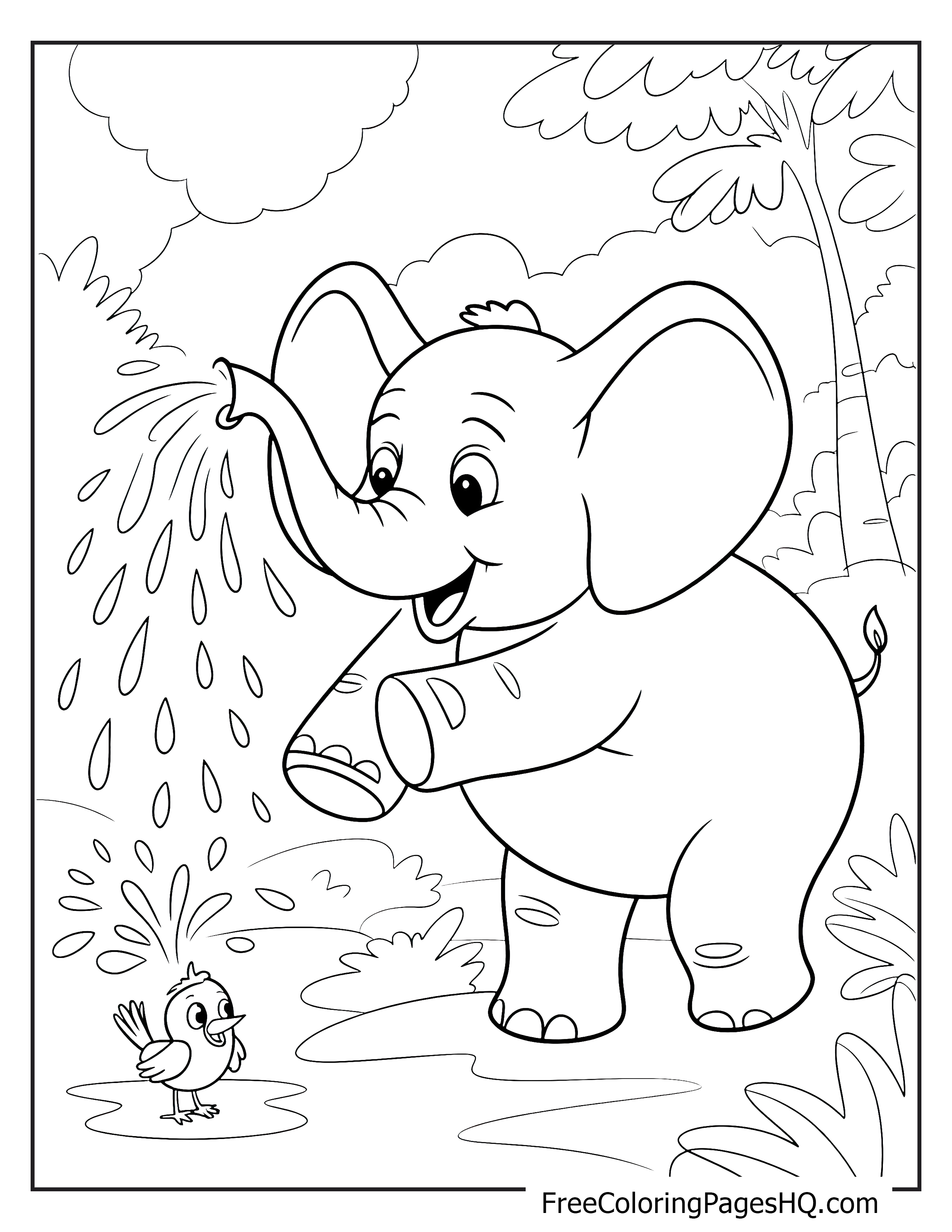 Smiling elephant splashing water with a bird.
