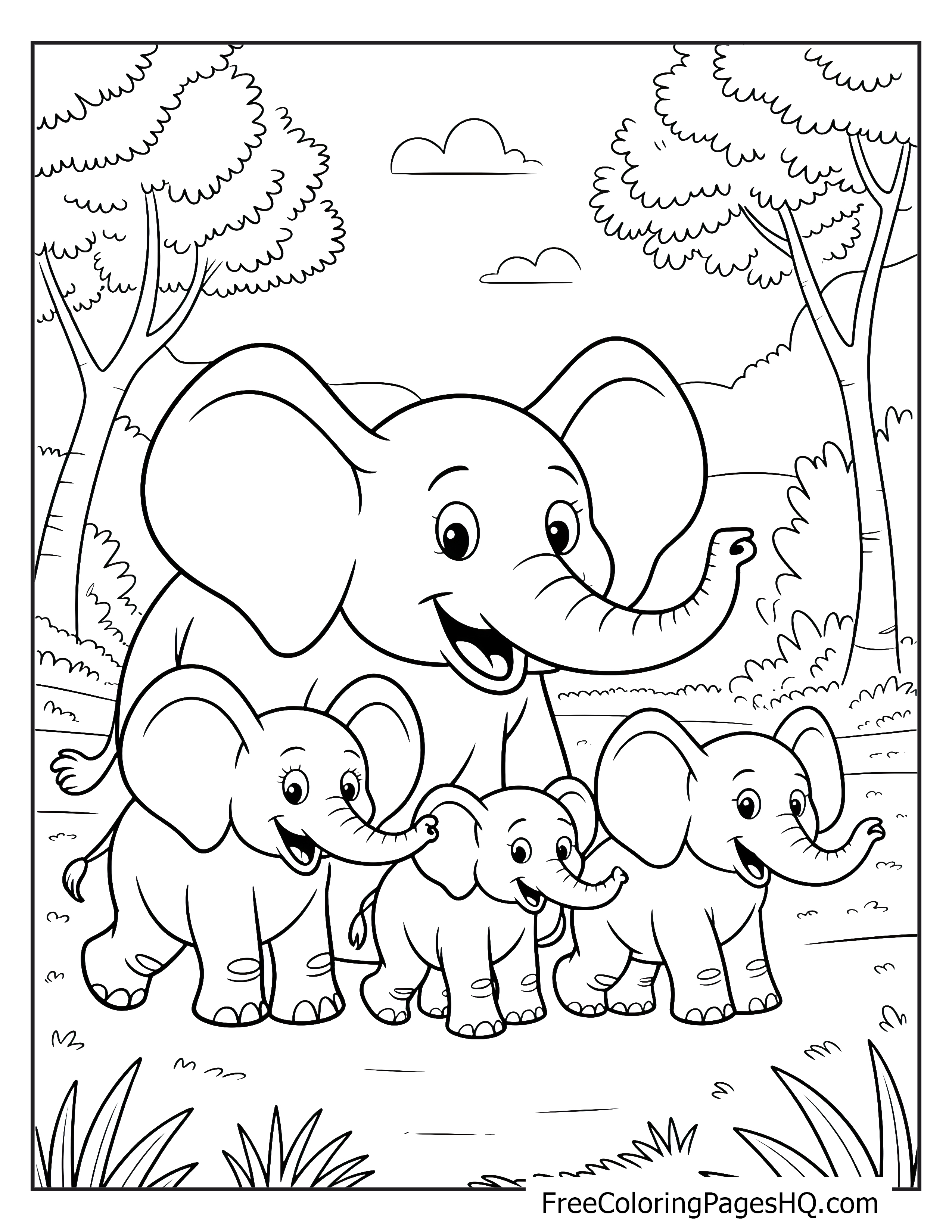 Three elephants walking in a forest with trees and a clear sky.