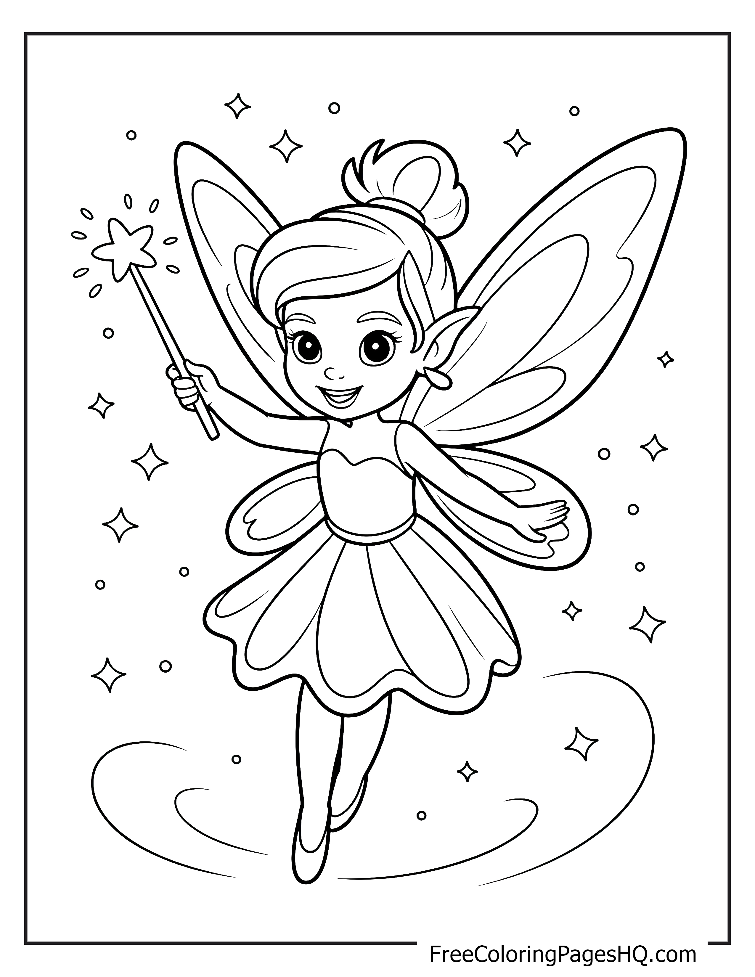Cheerful fairy with a wand and sparkling stars around her.