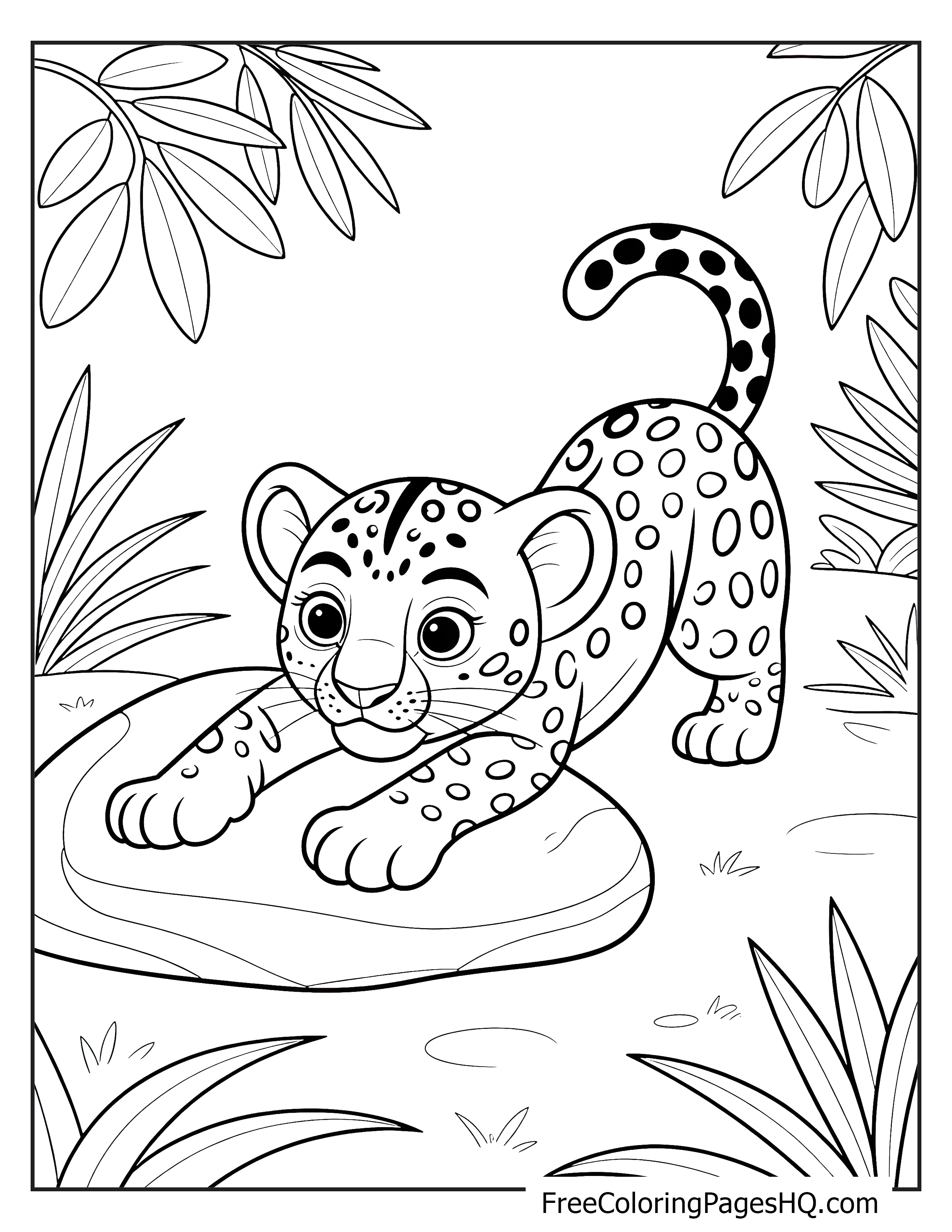 A playful leopard cub stretches on a rock in a jungle setting.