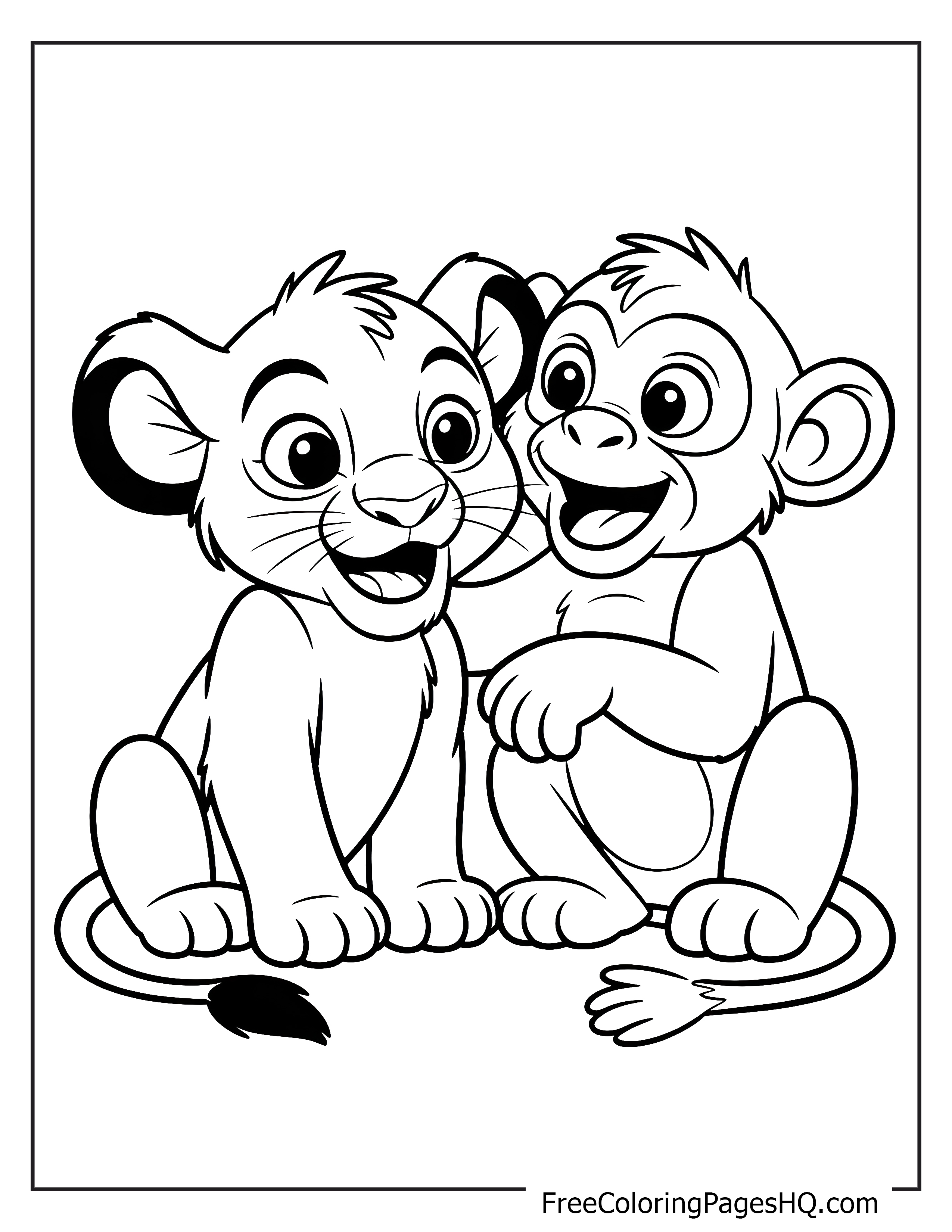 A lion cub and a monkey sitting together, both smiling joyfully.