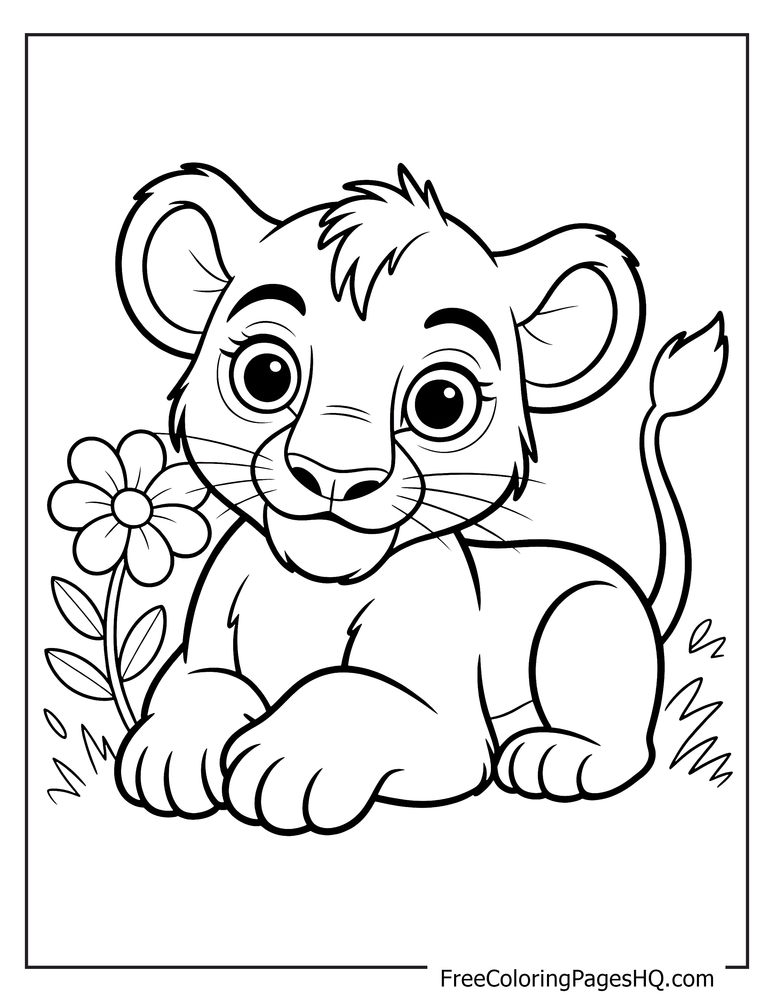 A playful lion cub lies next to a flower, looking curious.