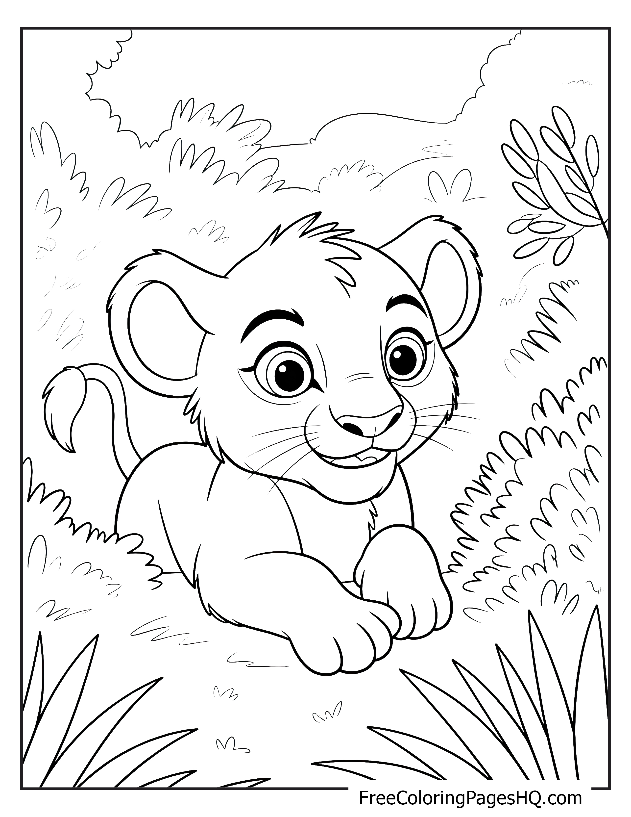 A happy lion cub playfully peeking through tall grass in a sunlit clearing.