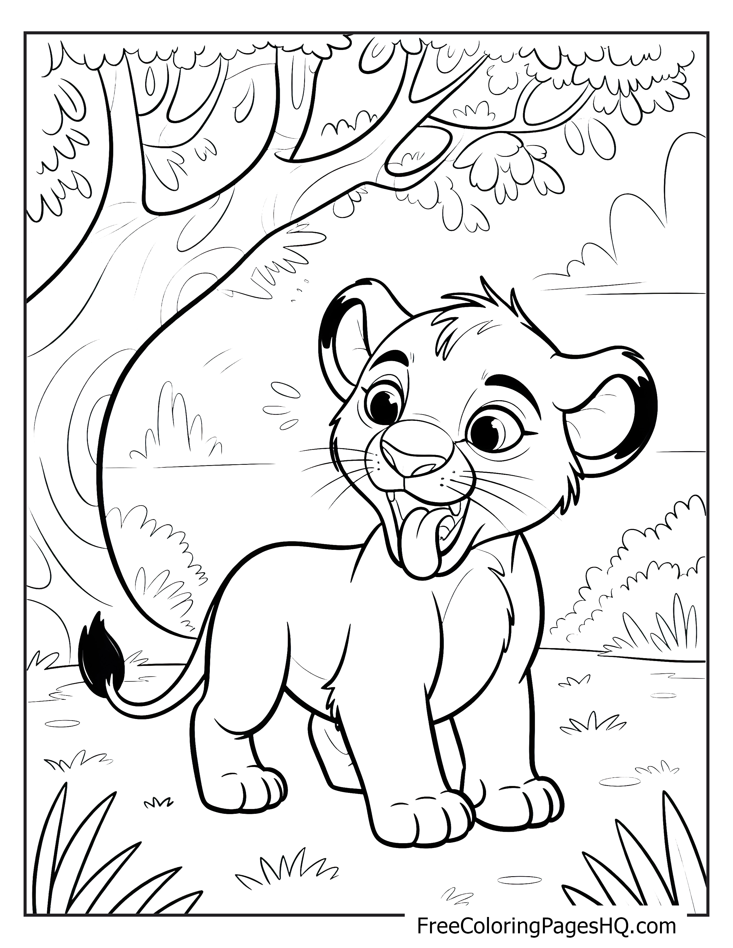A happy lion cub with a big smile in a jungle scene.