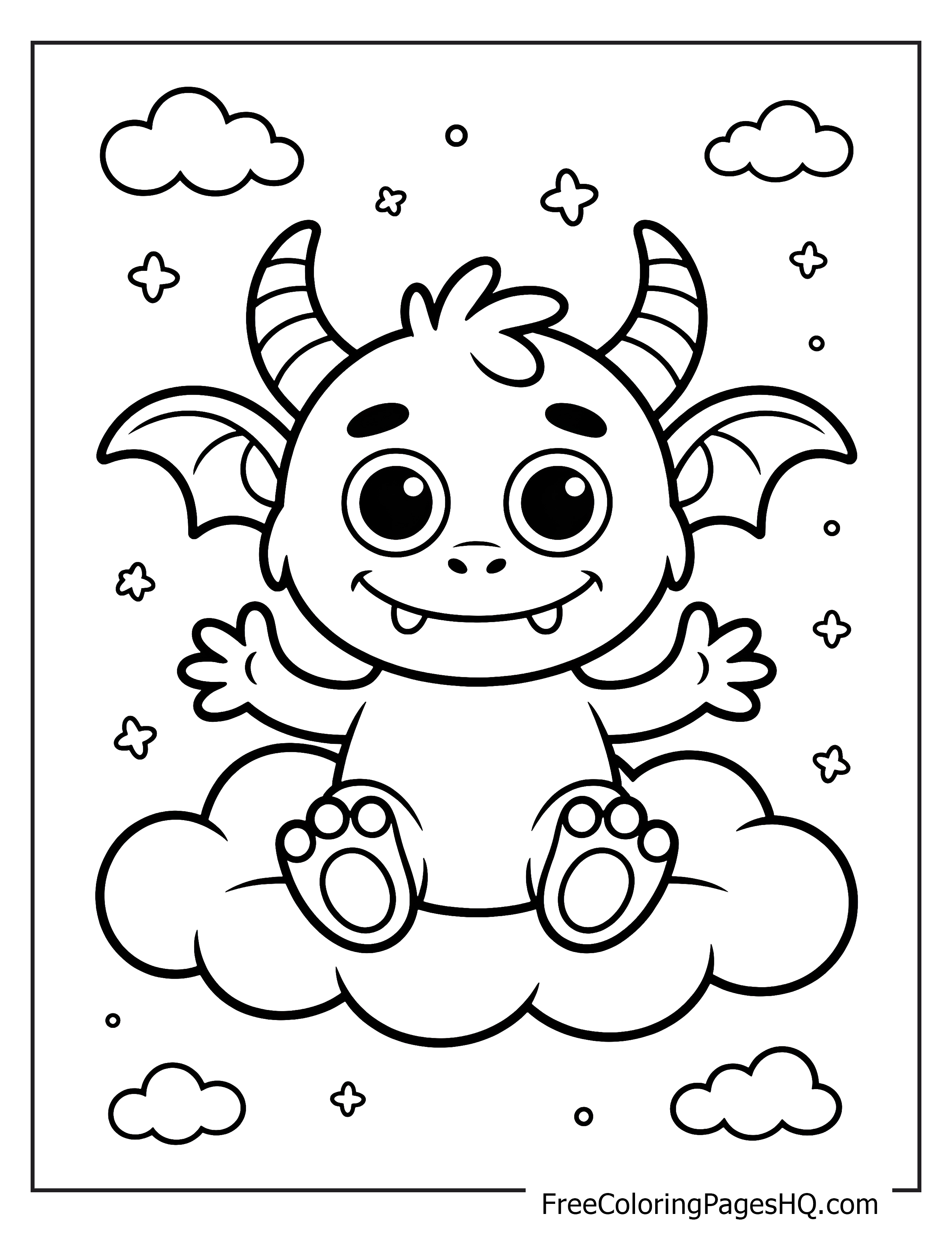 Cute monster with horns and wings on a cloud surrounded by stars and clouds.